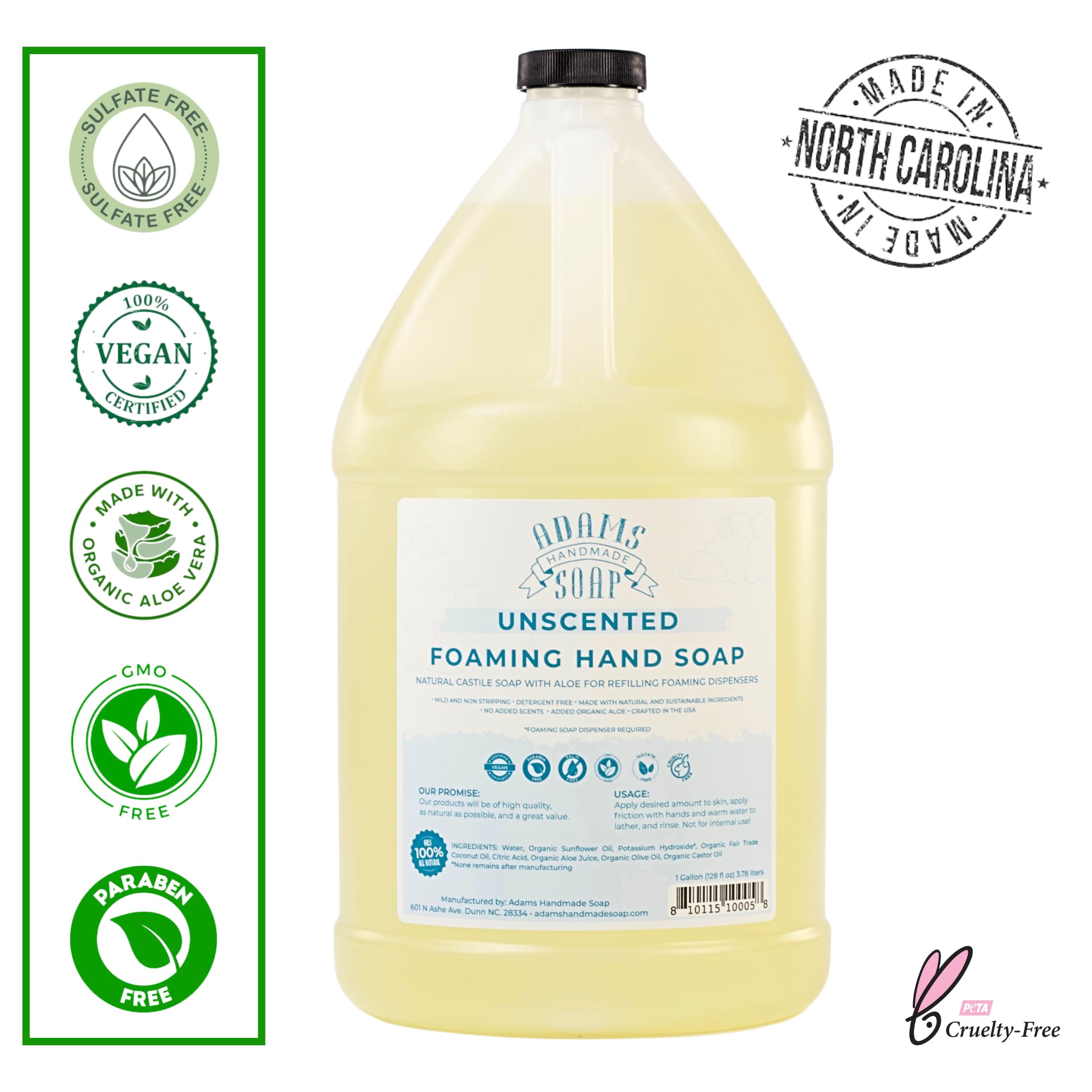Adams Handmade Soap Thin Castile Foaming Hand Soap Refill – 1 Gallon (Unscented)