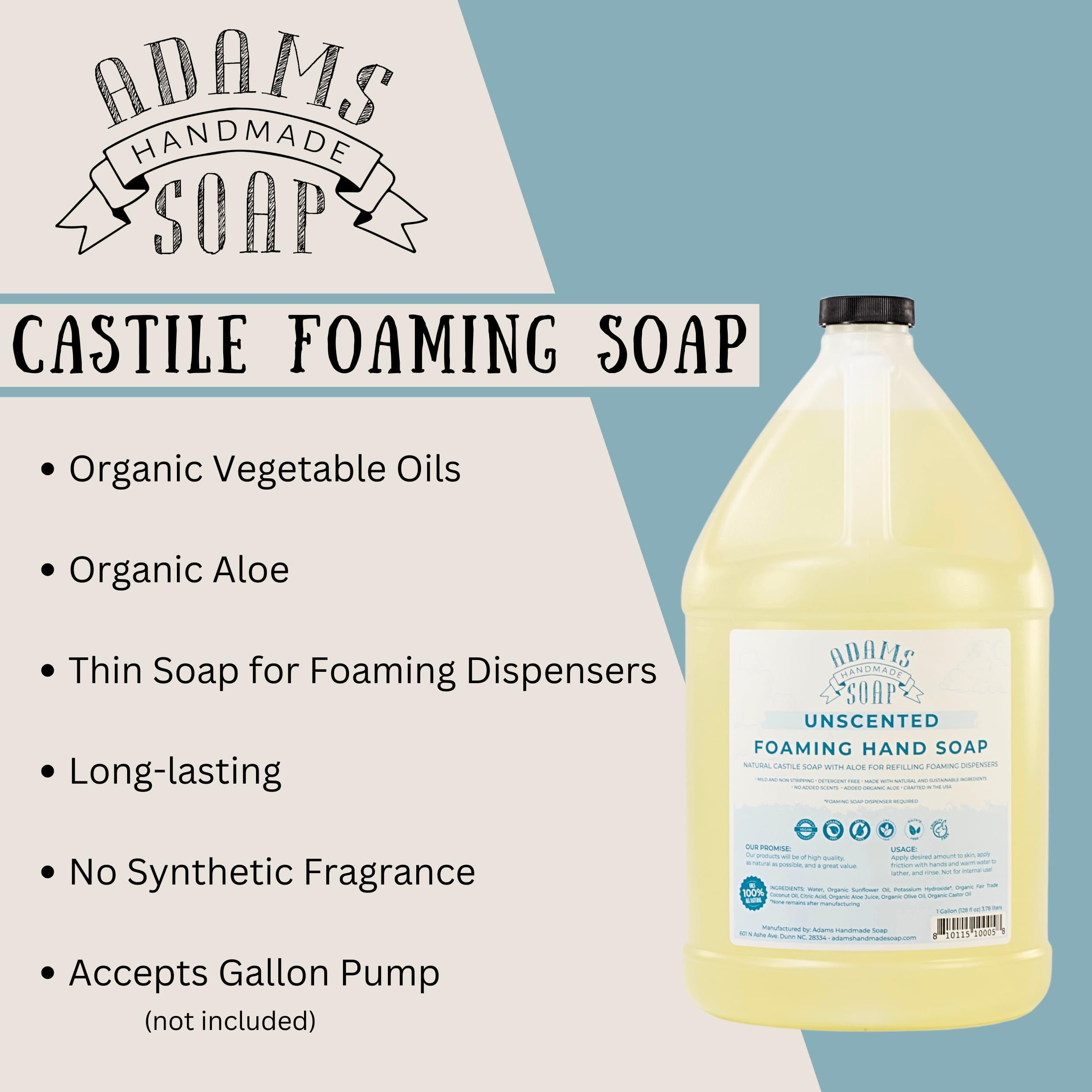 Adams Handmade Soap Thin Castile Foaming Hand Soap Refill – 1 Gallon (Unscented)