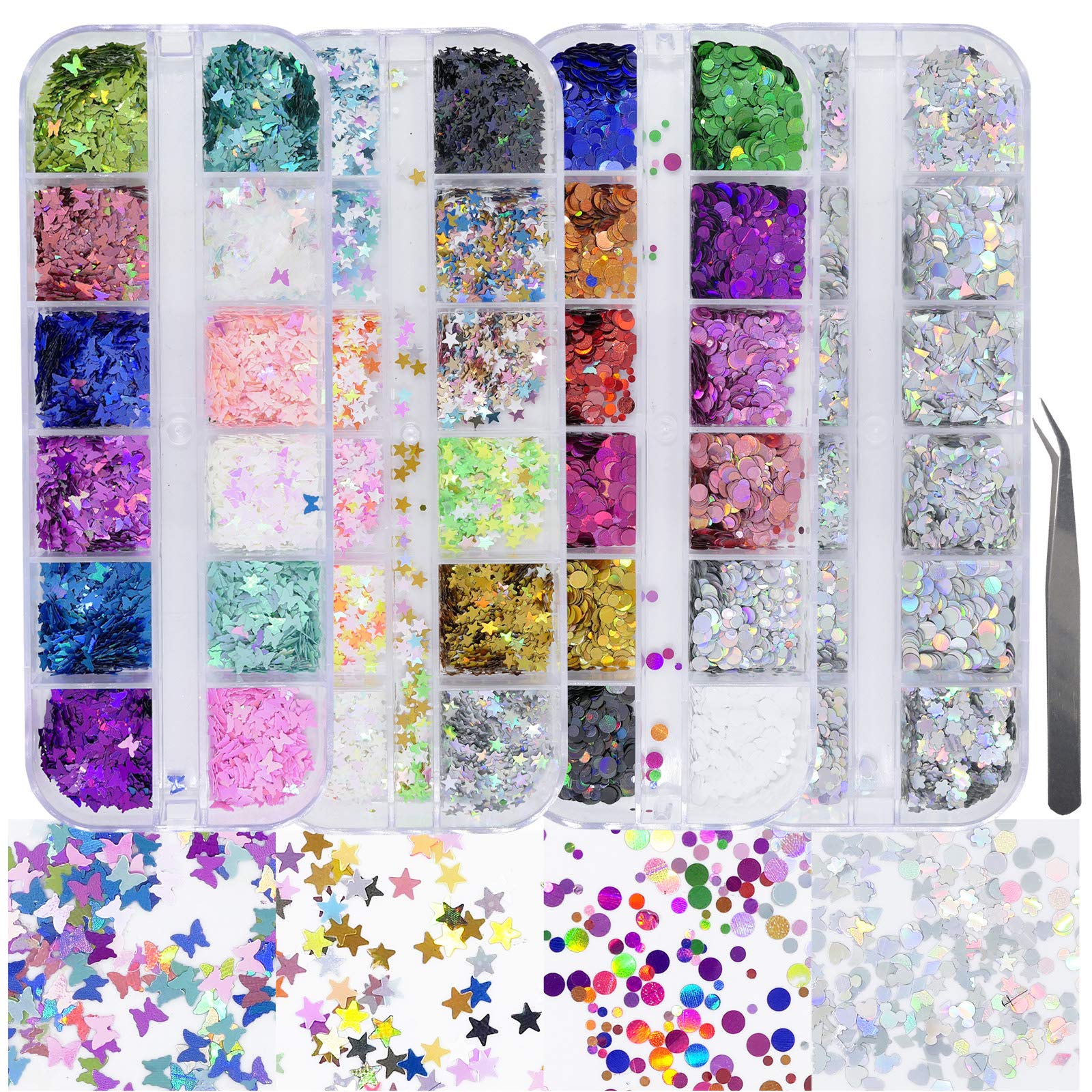 AddFavor 4-Box Holographic Nail Sequins Set – Butterfly, Star, Hearts & More