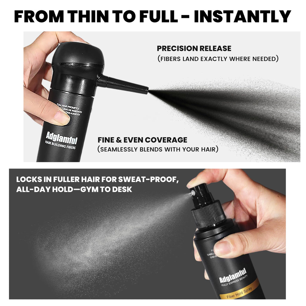 Adglamful Hair Building Fibers Kit for Thinning Hair – Dark Brown + Hold Spray | Instant Natural Finish
