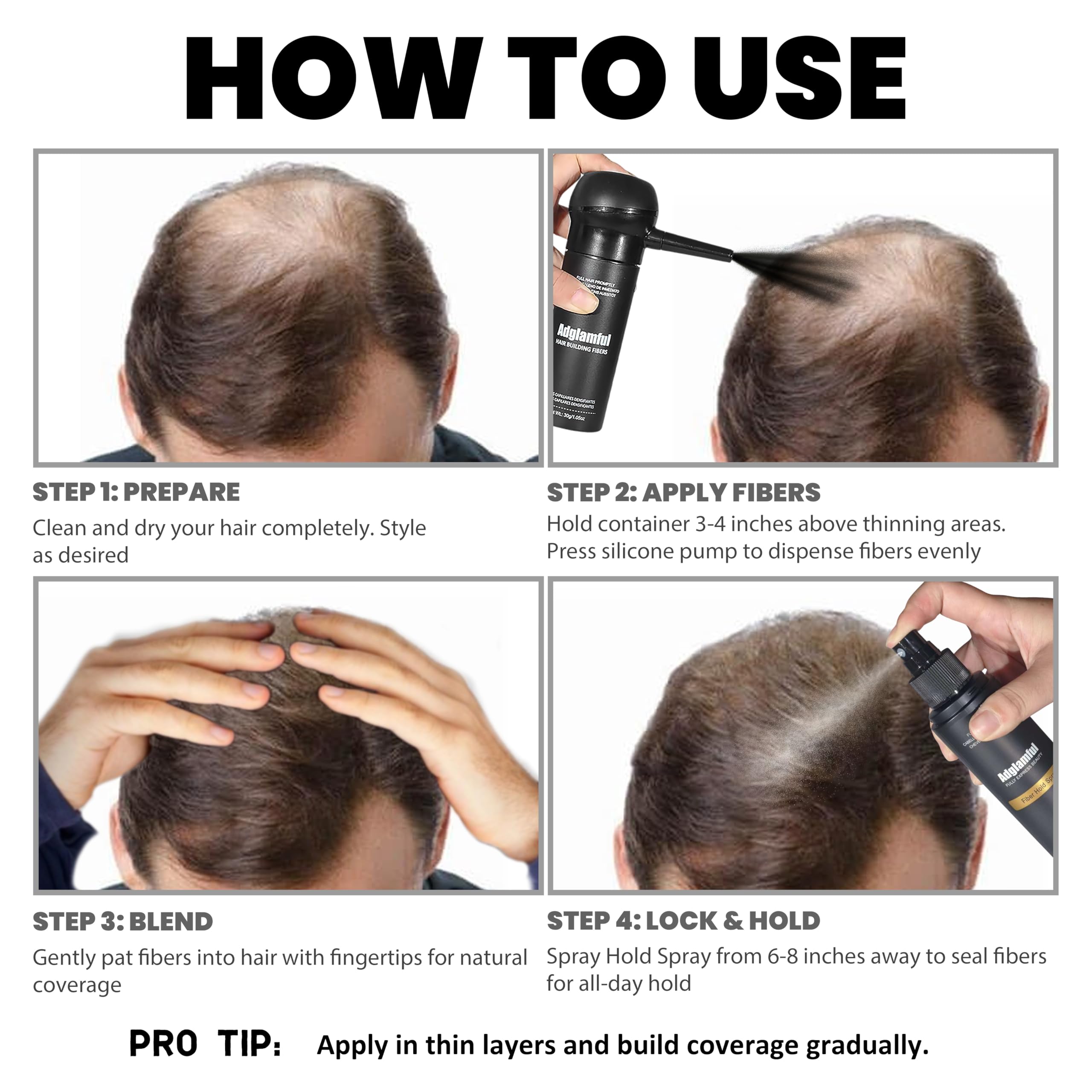 Adglamful Hair Building Fibers Kit for Thinning Hair – Dark Brown + Hold Spray | Instant Natural Finish