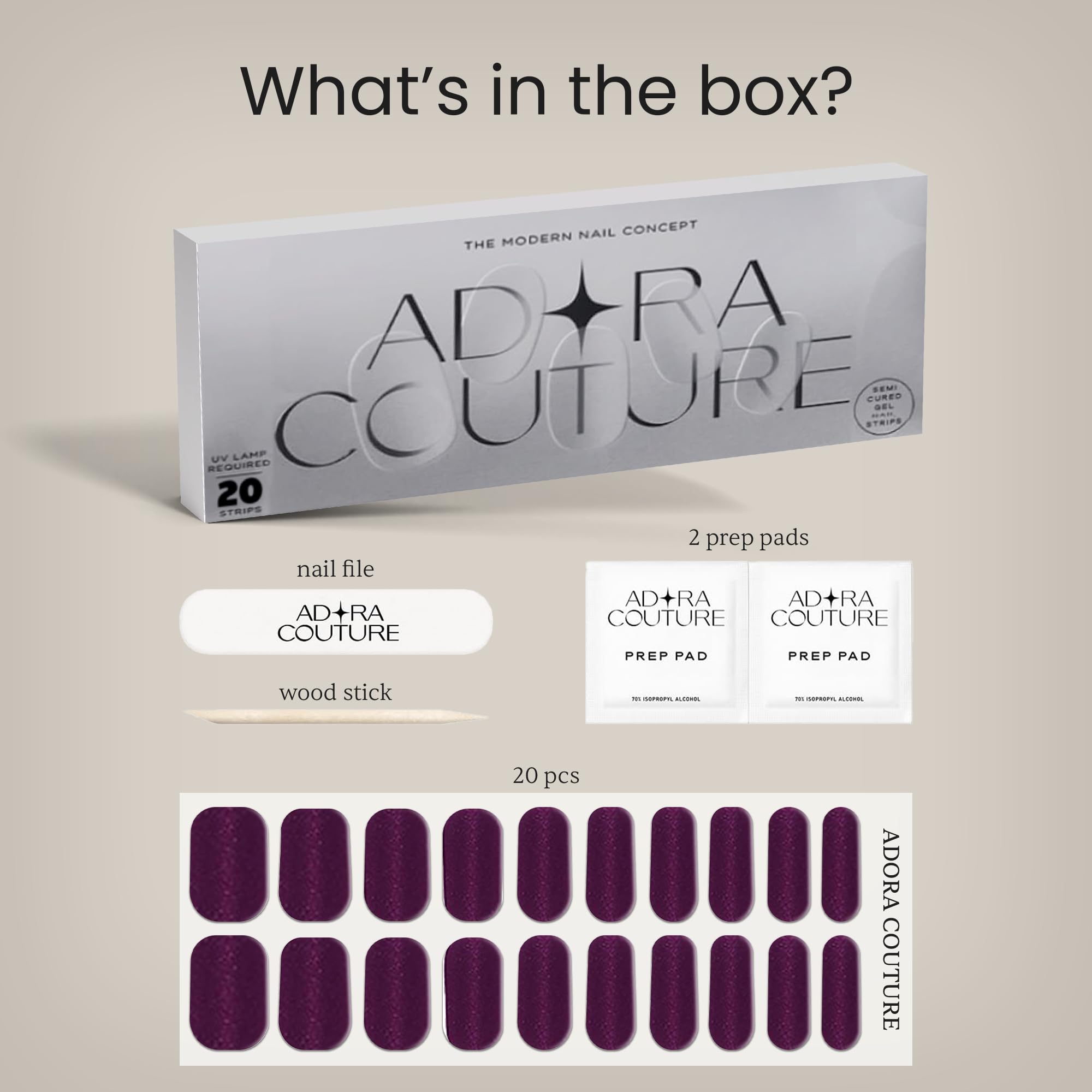 Adora Couture Velvet Plum Semi-Cured Gel Nail Strips – Salon-Quality At-Home Manicure (UV Light Required)