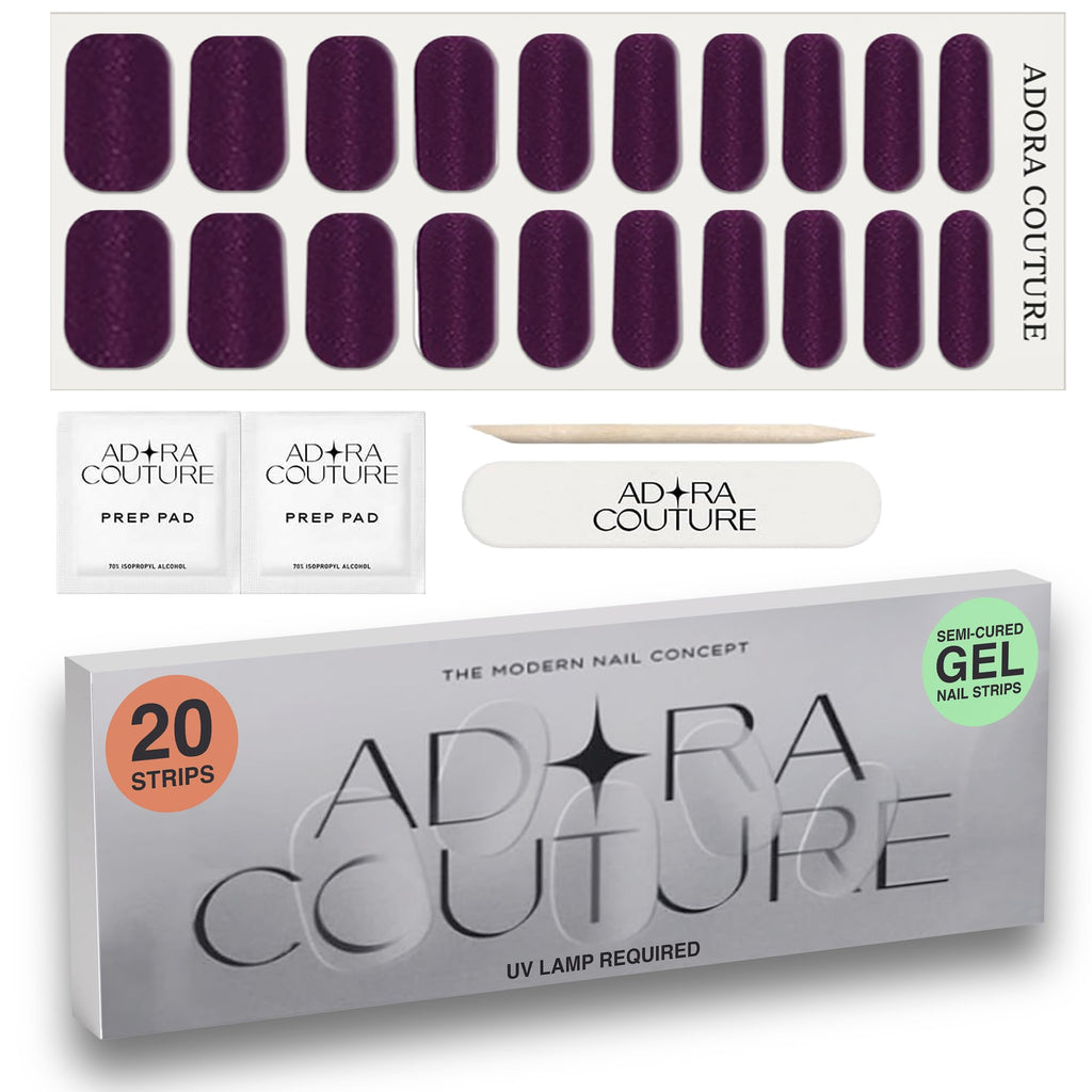 Adora Couture Velvet Plum Semi-Cured Gel Nail Strips – Salon-Quality At-Home Manicure (UV Light Required)