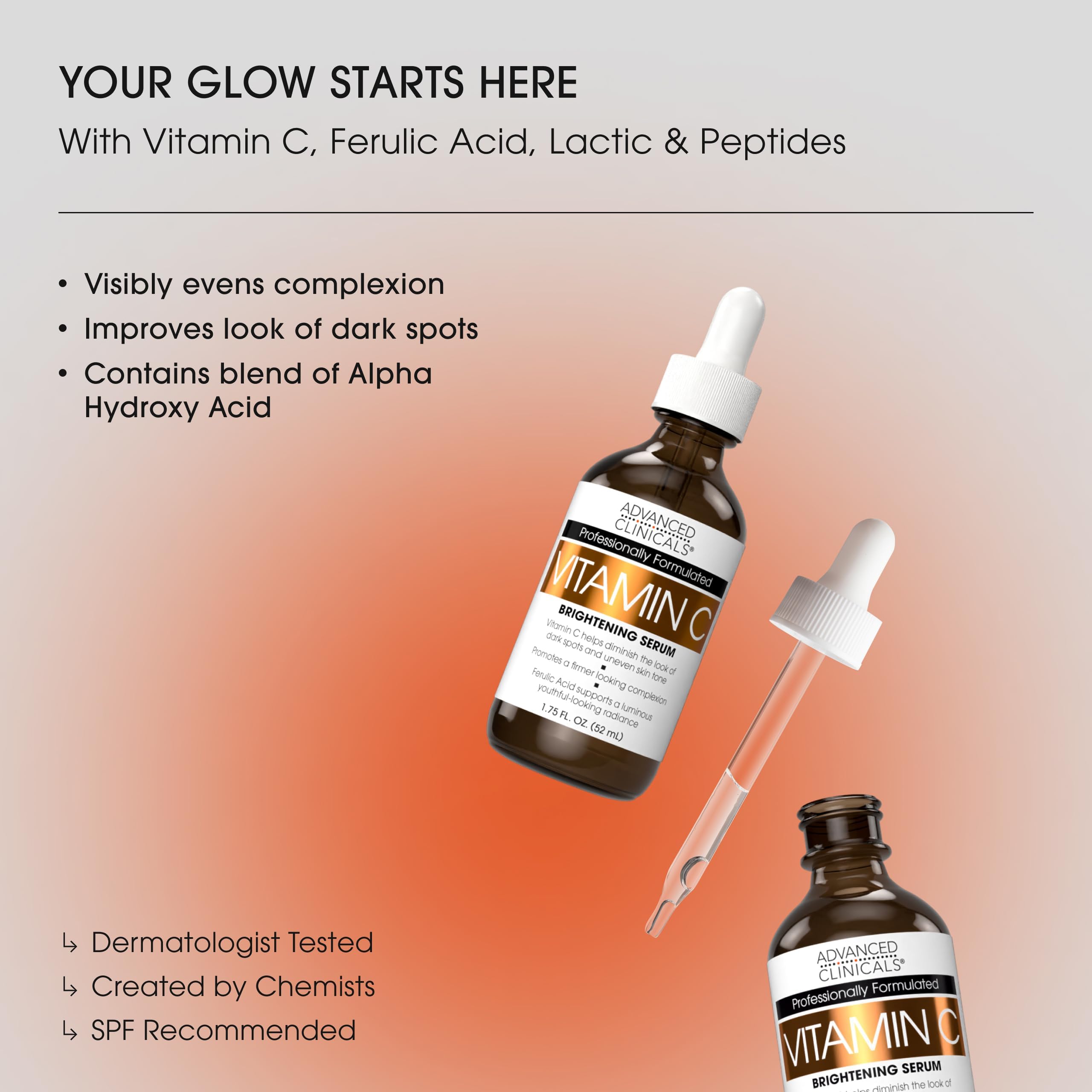 Advanced Clinicals Brightening Vitamin C Serum with Glycolic & Lactic Acid – 2-Pack | Face & Eye Serum