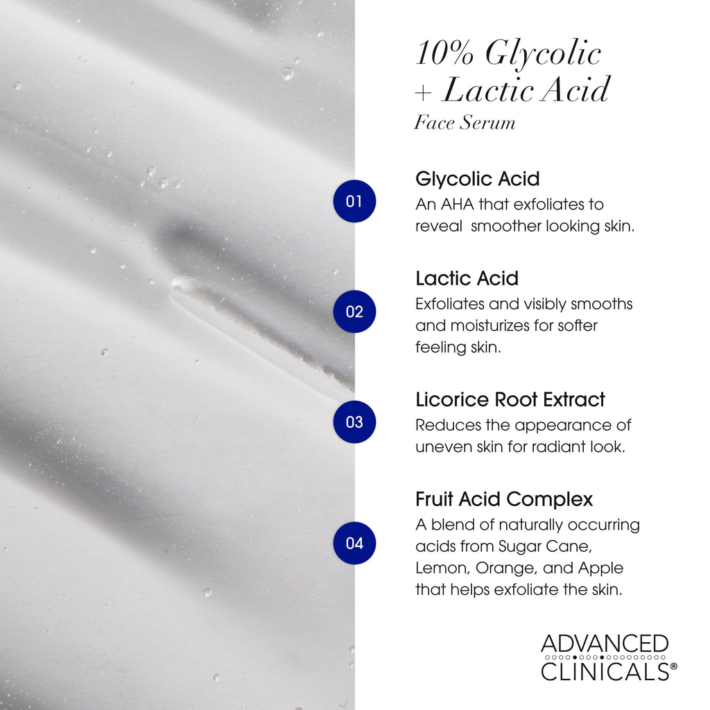 Advanced Clinicals 10% Glycolic + Lactic Acid Serum for Face — AHA + Salicylic Exfoliant, 1.75 oz