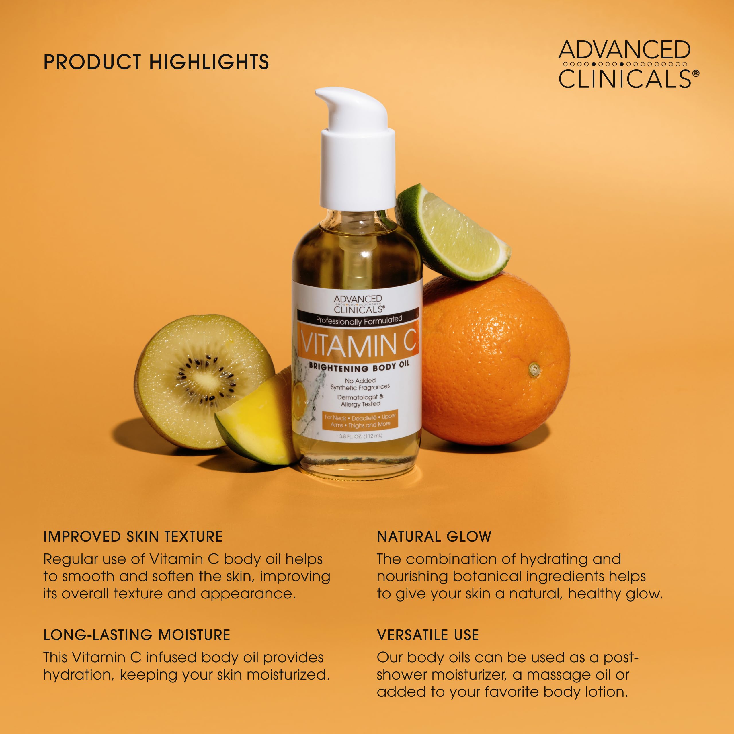Advanced Clinicals Vitamin C Brightening Body Oil – Hydrating Glow for All Skin Types, 12 fl oz