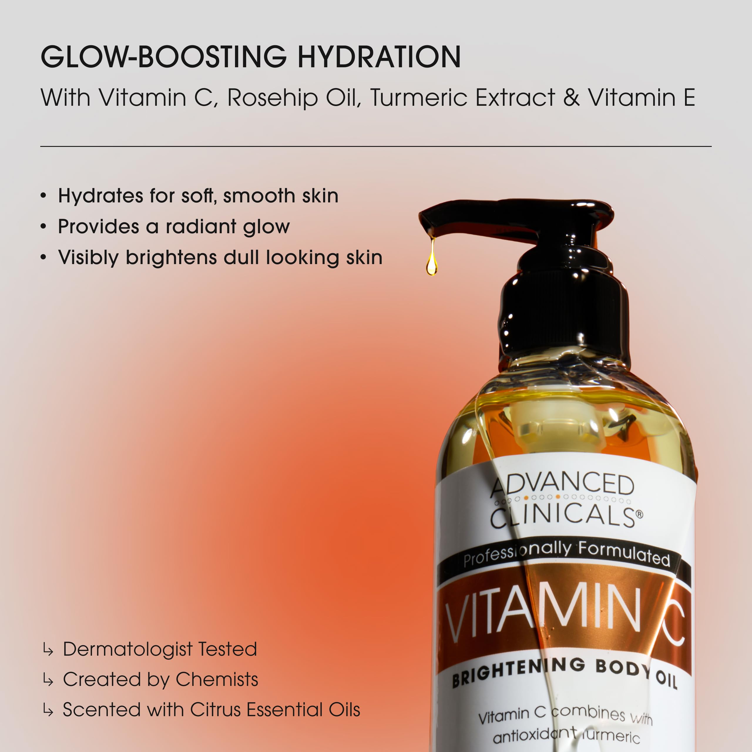 Advanced Clinicals Vitamin C Brightening Body Oil – Hydrating Glow for All Skin Types, 12 fl oz