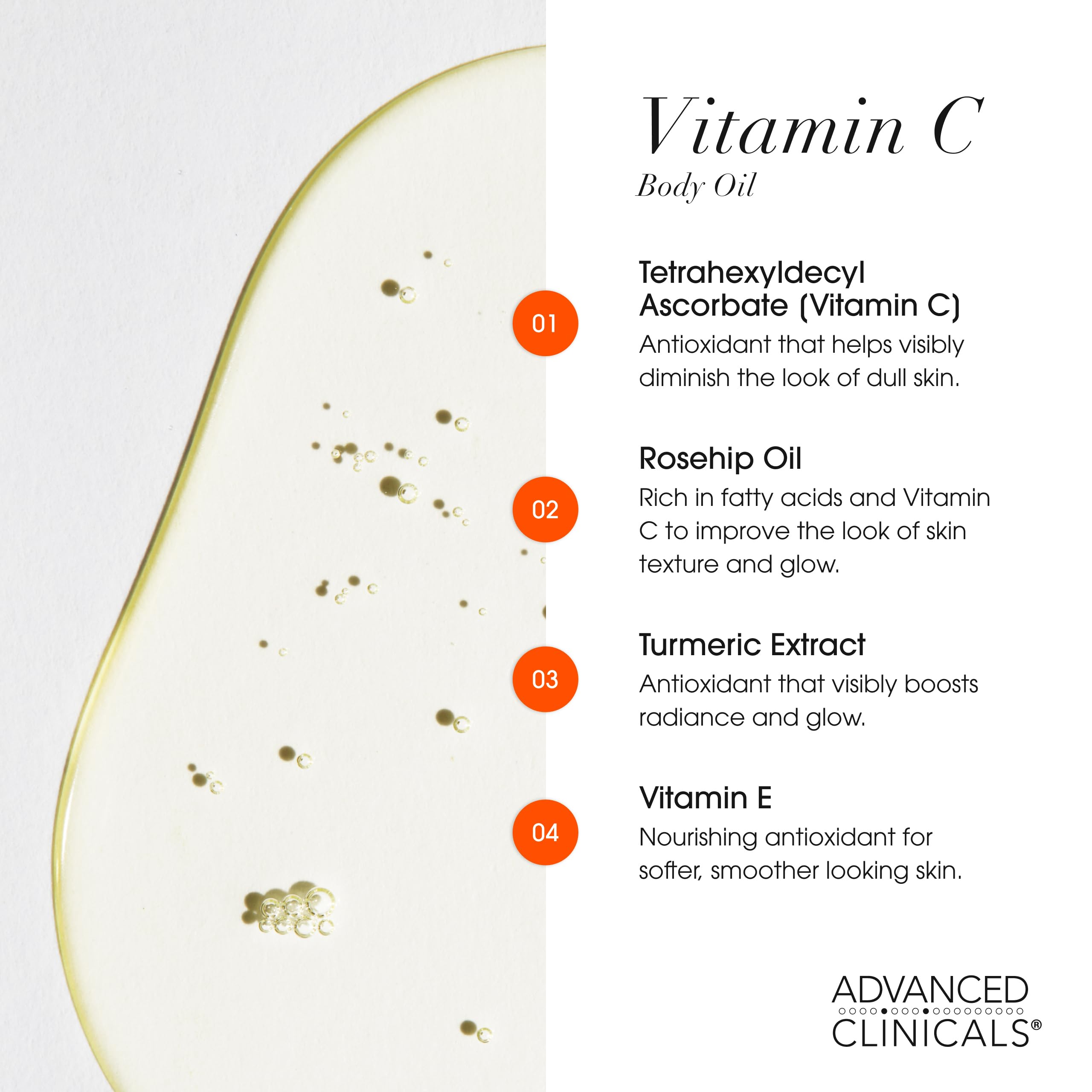 Advanced Clinicals Vitamin C Brightening Body Oil – Hydrating Glow for All Skin Types, 12 fl oz