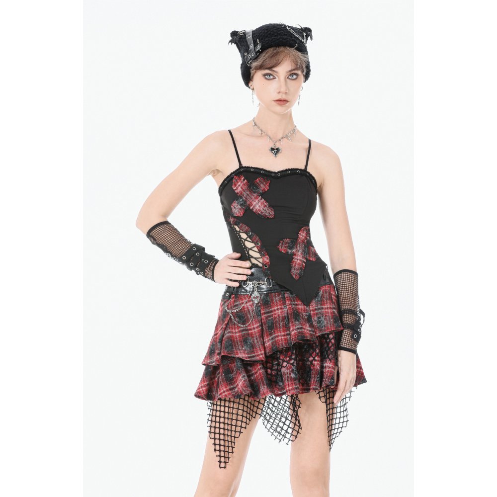 Dark in Love Punk Black and Tartan Cross Strap Nevida Top