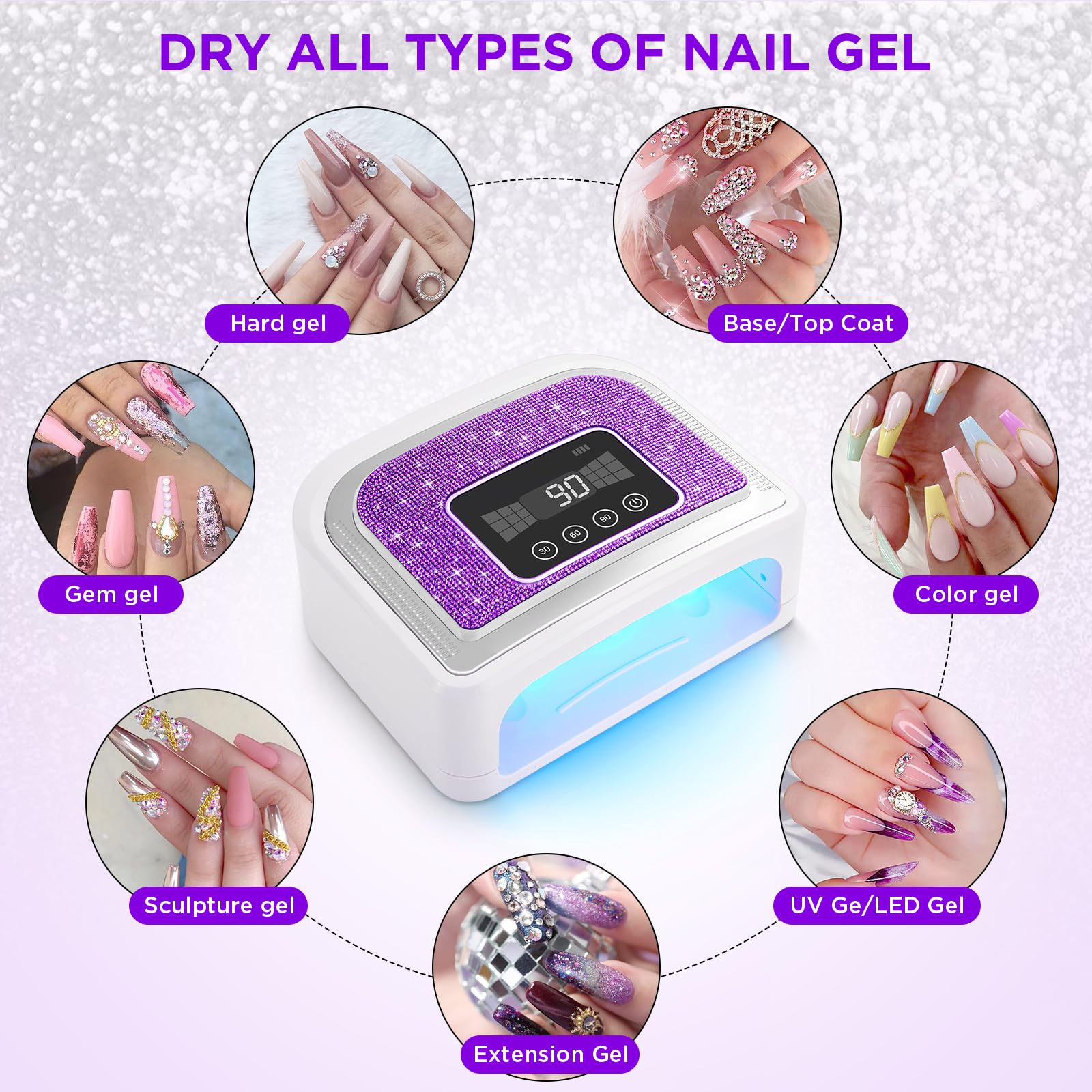 Aedavey Cordless Nail Lamp – Rechargeable UV/LED Gel Light with 4 Timers & Sparkly Purple Diamond