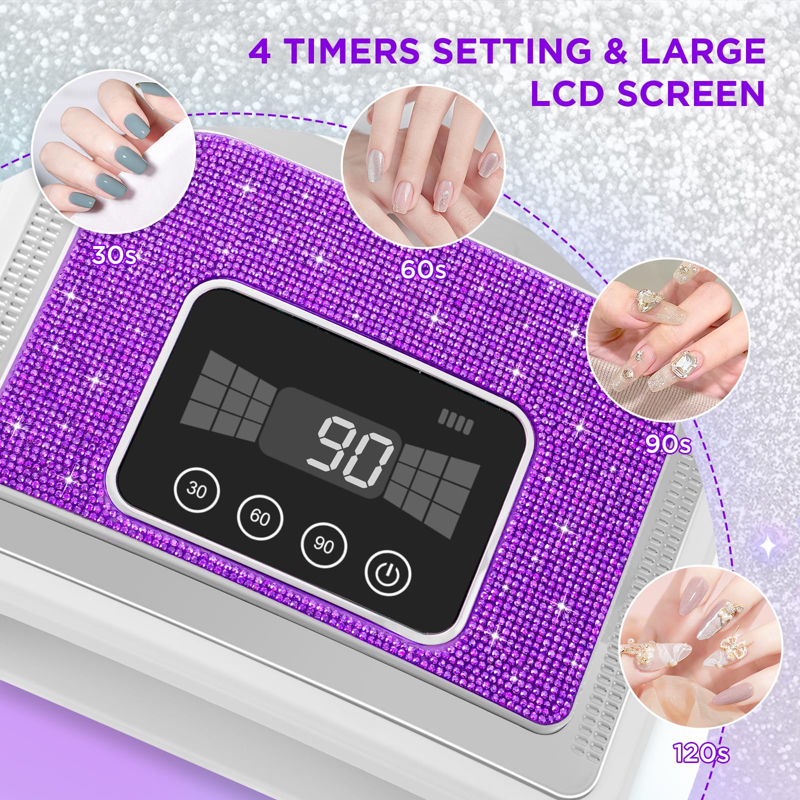 Aedavey Cordless Nail Lamp – Rechargeable UV/LED Gel Light with 4 Timers & Sparkly Purple Diamond