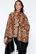 Mandira Embroidered Shawl – 100% Viscose Wool-Feel, Black with Red & Gold Paisley, 72"×28" | Kashmir-Inspired Winter Wrap/Stole