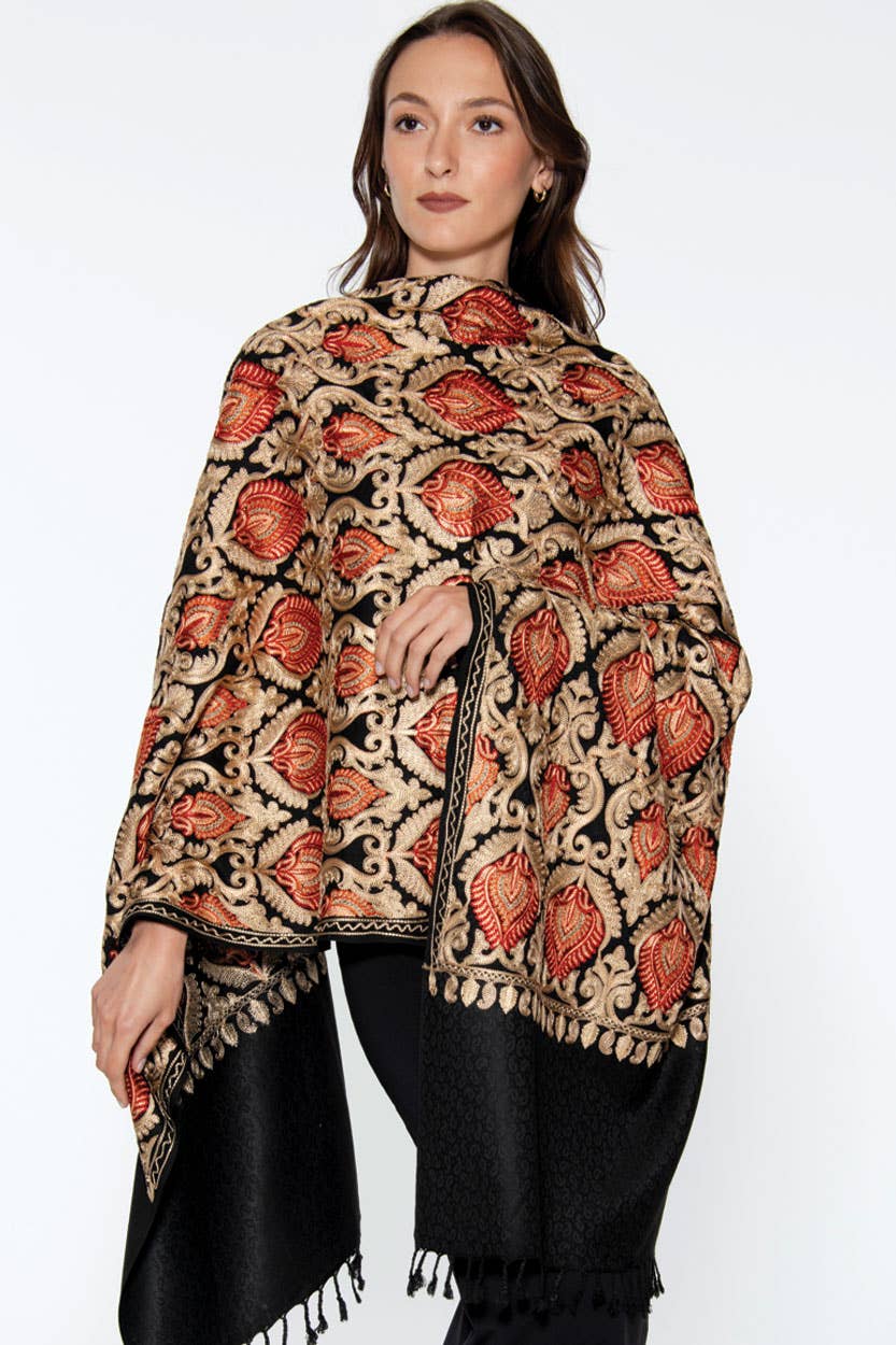 Mandira Embroidered Shawl – 100% Viscose Wool-Feel, Black with Red & Gold Paisley, 72"×28" | Kashmir-Inspired Winter Wrap/Stole