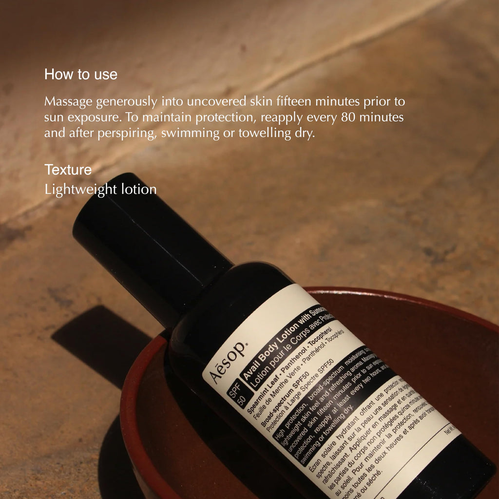 Aesop Avail SPF50 Body Lotion | Lightweight Sunscreen Moisturizer with Spearmint & Vitamin E | 5.13 oz