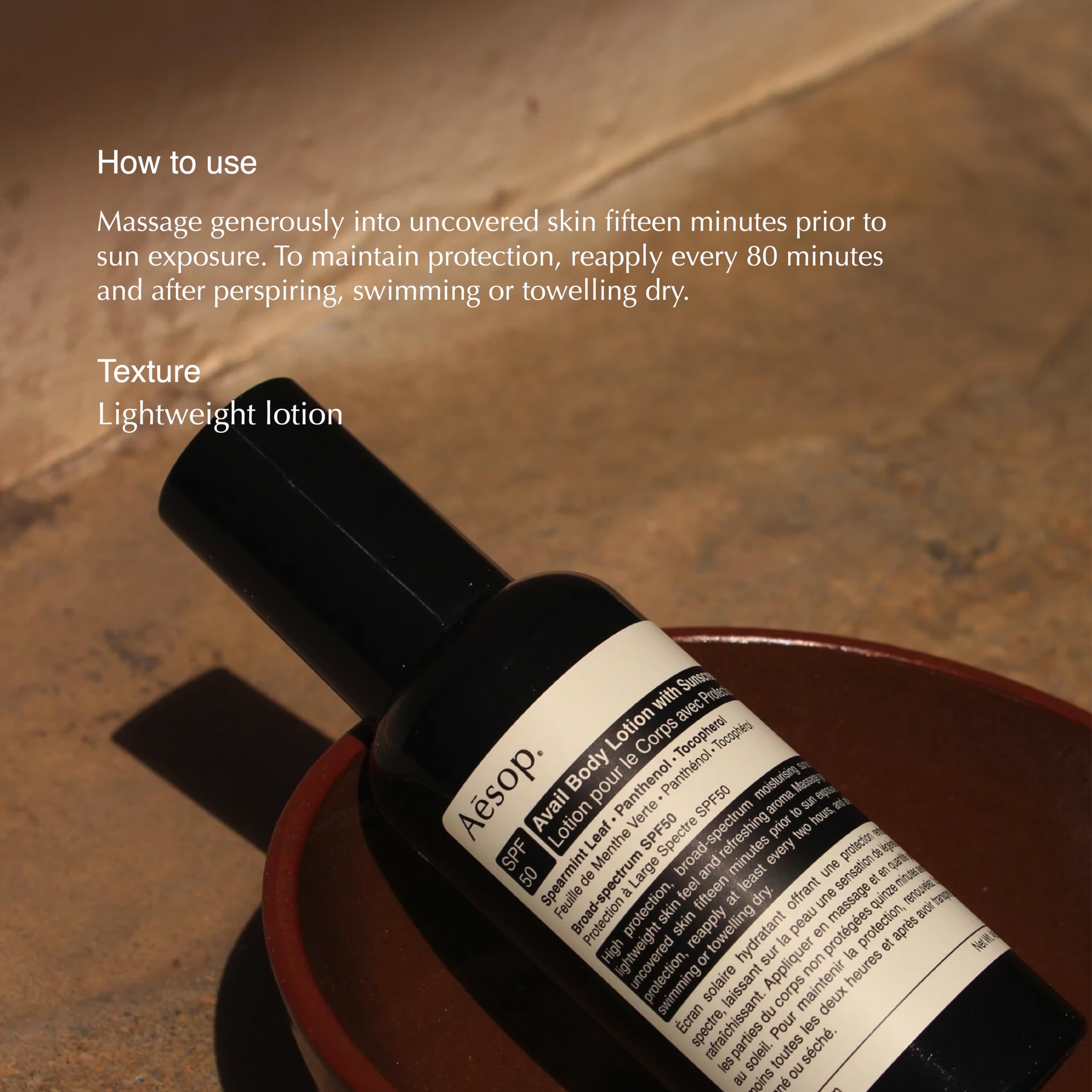 Aesop Avail SPF50 Body Lotion | Lightweight Sunscreen Moisturizer with Spearmint & Vitamin E | 5.13 oz