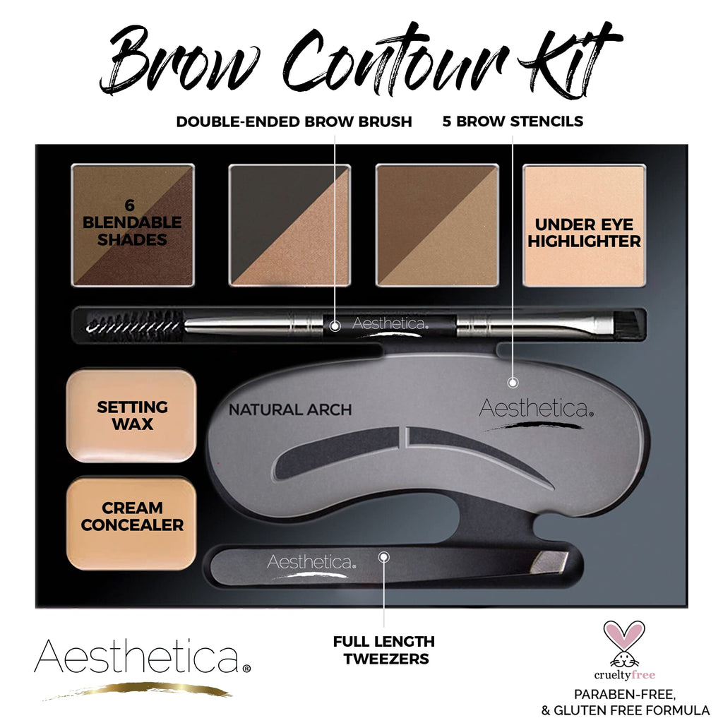 Aesthetica Brow Contour Kit – 16-Piece Eyebrow Palette with Powders, Stencils & Highlighter