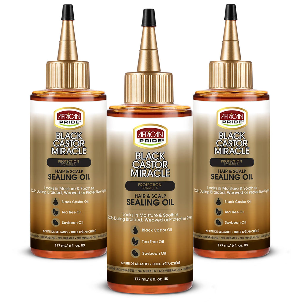 African Pride Black Castor Miracle Oil – Hair & Scalp Sealing Oil with Castor, Tea Tree & Soybean Oil | 6oz Pack of 3