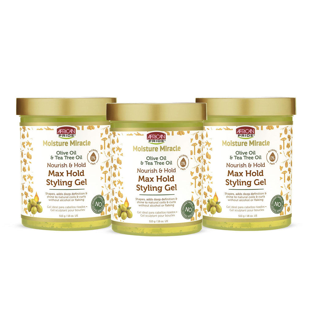 African Pride Moisture Miracle Olive & Tea Tree Oil Max Hold Styling Gel (3 Pack) – 18 oz