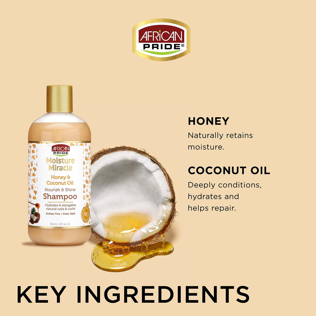 African Pride Moisture Miracle Honey & Coconut Oil Shampoo – For Natural Coils & Curls, Sulfate Free, Color Safe, 12 oz (3 Pack)