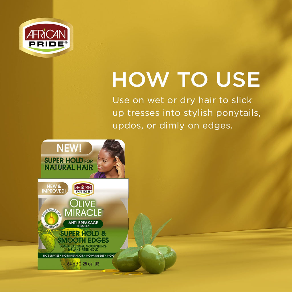 African Pride Olive Miracle Silky Smooth Edges (3-Pack) – Non-Greasy Edge Gel with Olive & Coconut Oil, 2.25oz Each