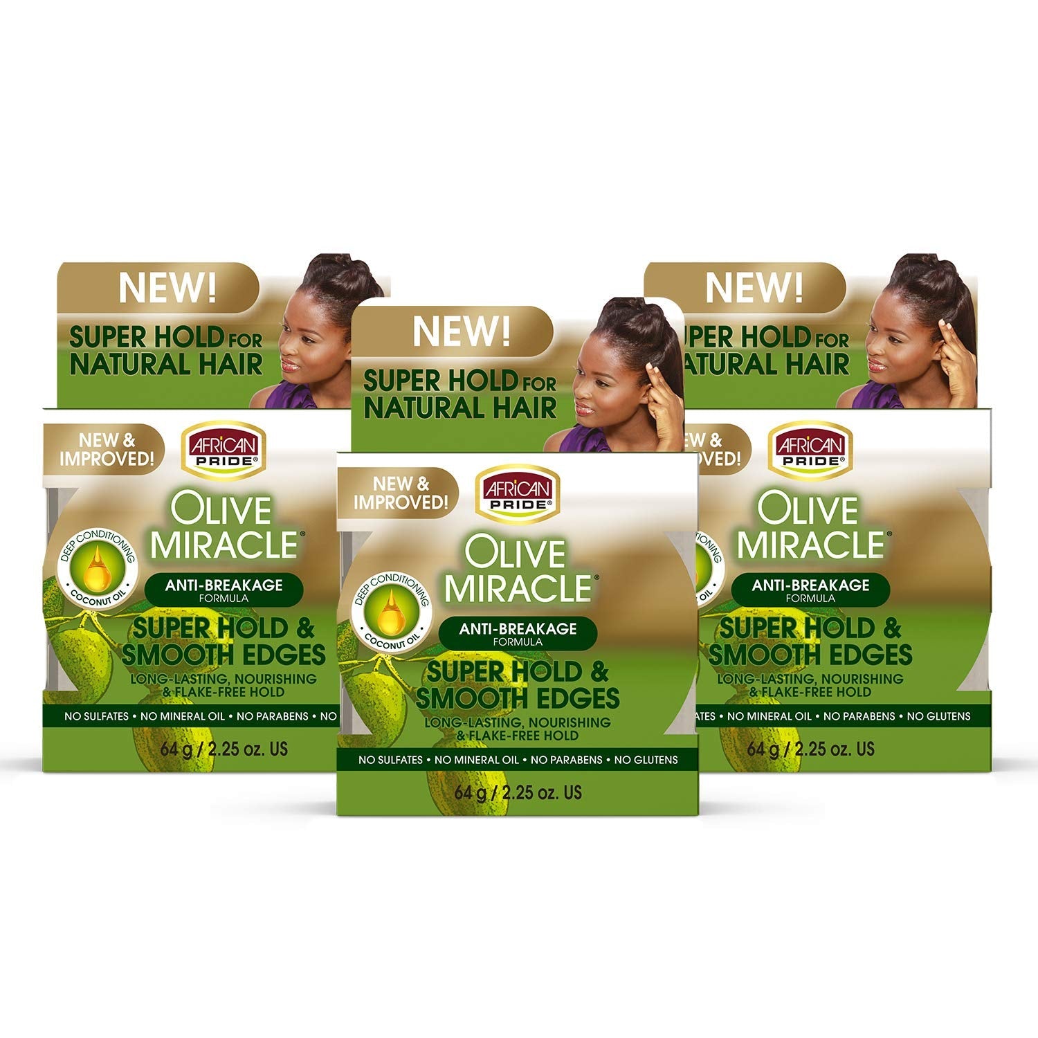 African Pride Olive Miracle Silky Smooth Edges (3-Pack) – Non-Greasy Edge Gel with Olive & Coconut Oil, 2.25oz Each