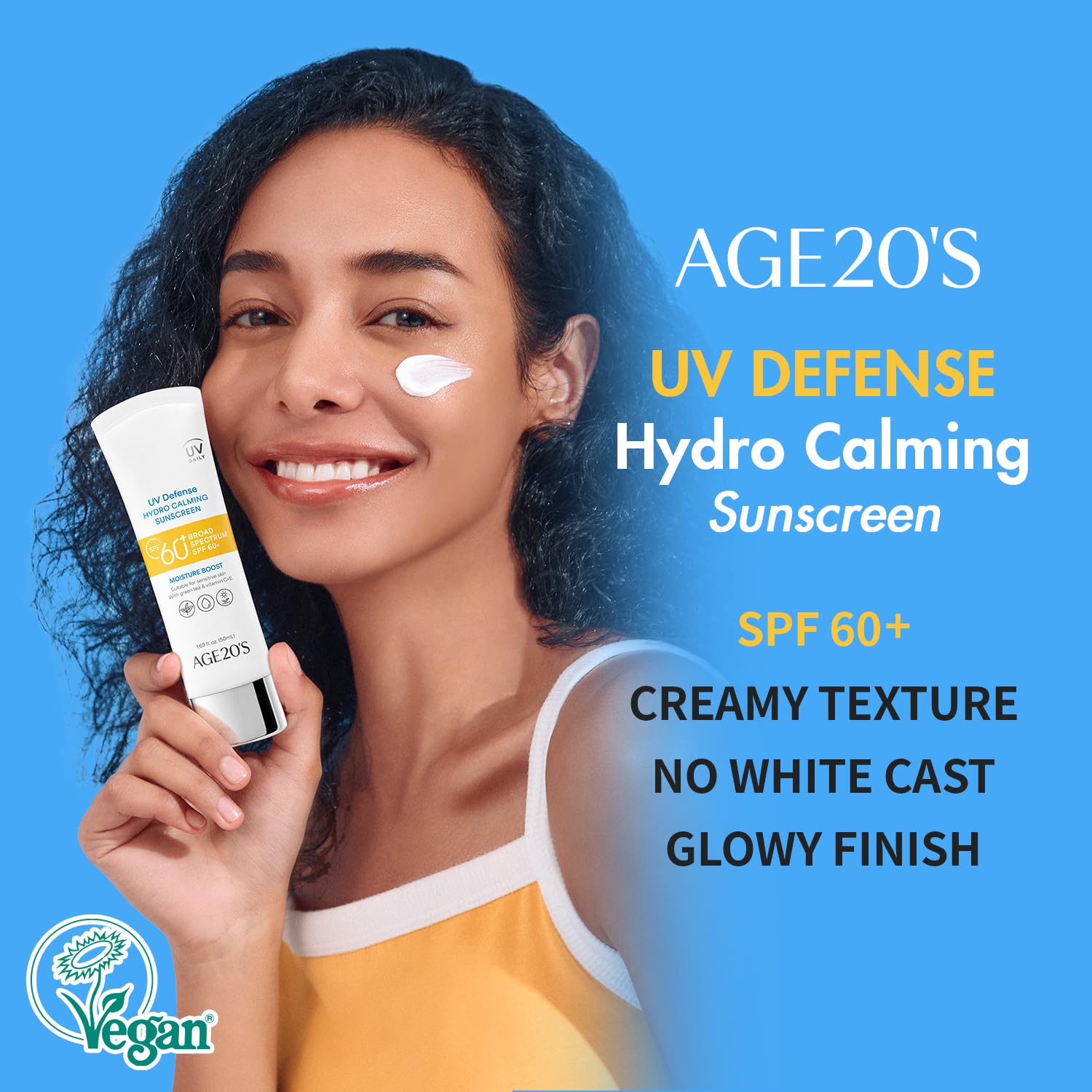 AGE 20's UV Defense Hydro Calming Sunscreen SPF 60+ | Creamy, Lightweight, No White Cast | Green Tea + Aloe Vera | Dermatest Excellent