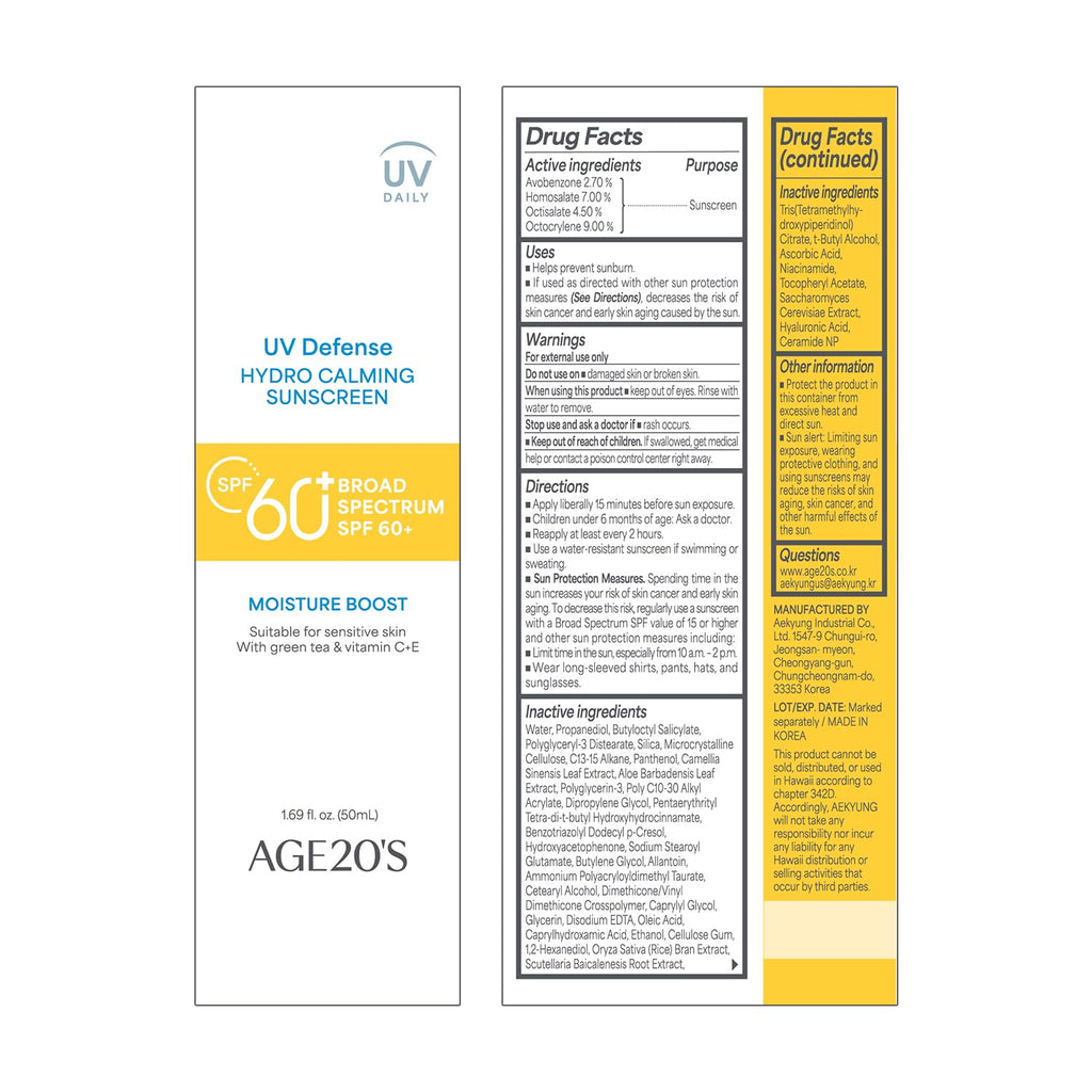 AGE 20's UV Defense Hydro Calming Sunscreen SPF 60+ | Creamy, Lightweight, No White Cast | Green Tea + Aloe Vera | Dermatest Excellent