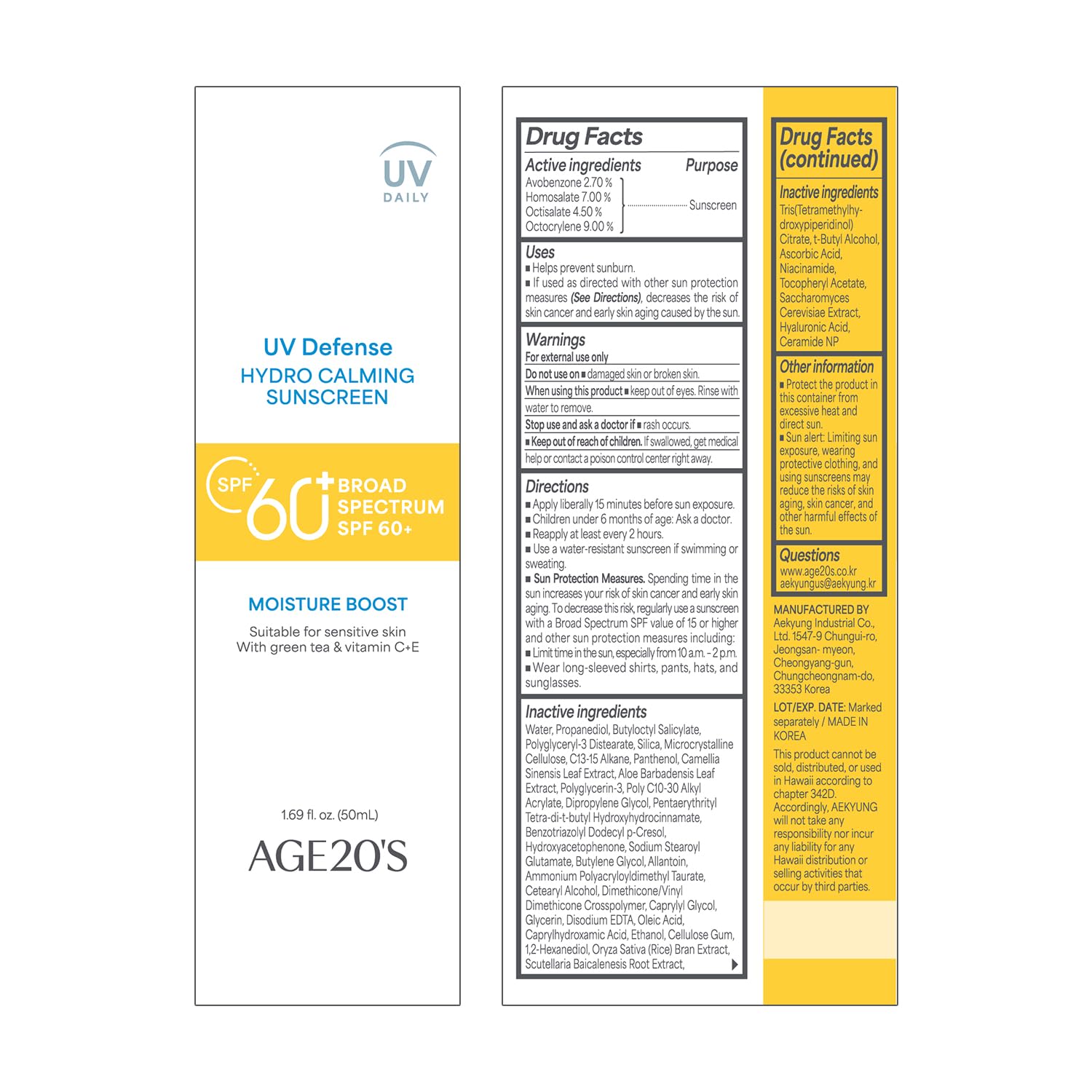 AGE 20's UV Defense Hydro Calming Sunscreen SPF 60+ | Creamy, Lightweight, No White Cast | Green Tea + Aloe Vera | Dermatest Excellent