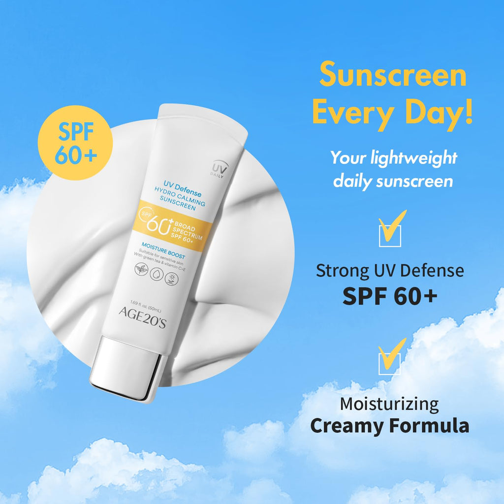 AGE 20's UV Defense Hydro Calming Sunscreen SPF 60+ | Creamy, Lightweight, No White Cast | Green Tea + Aloe Vera | Dermatest Excellent