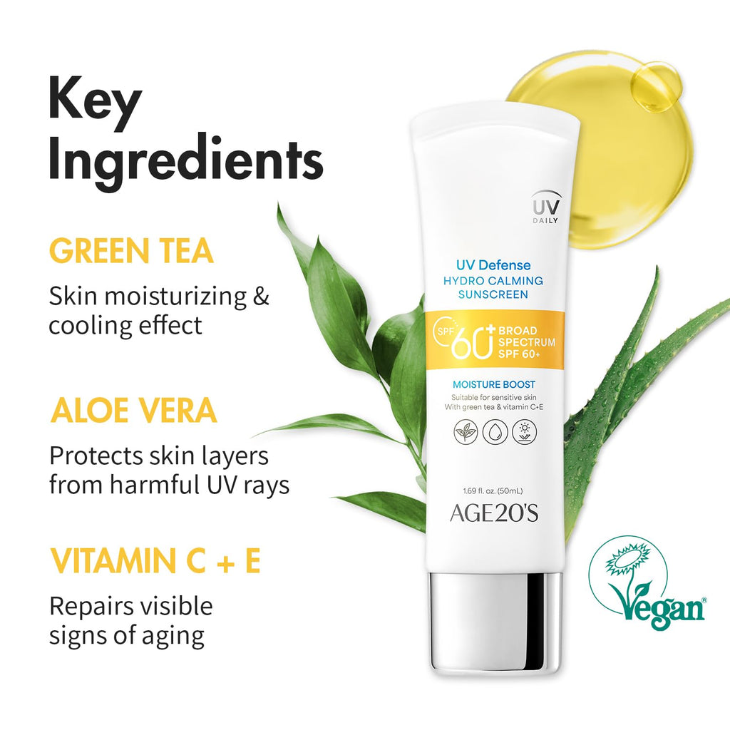 AGE 20's UV Defense Hydro Calming Sunscreen SPF 60+ | Creamy, Lightweight, No White Cast | Green Tea + Aloe Vera | Dermatest Excellent