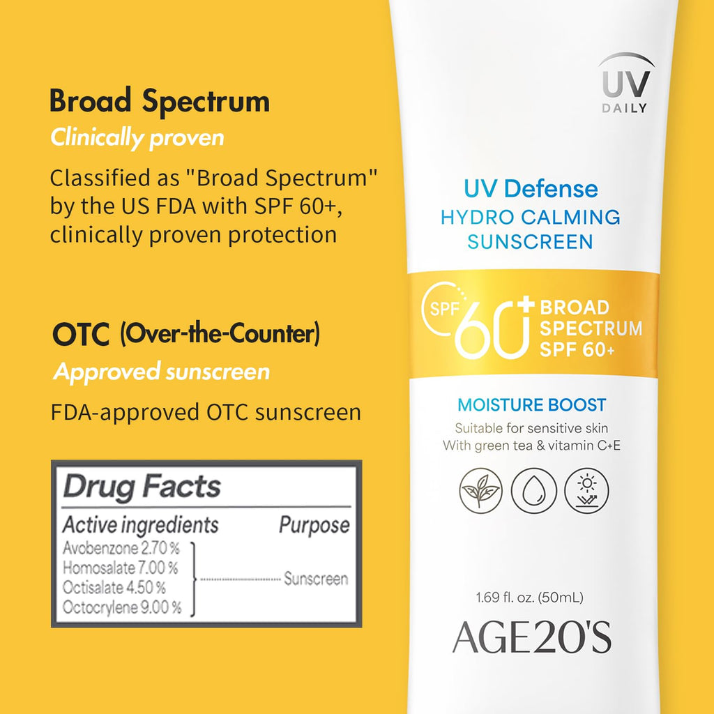 AGE 20's UV Defense Hydro Calming Sunscreen SPF 60+ | Creamy, Lightweight, No White Cast | Green Tea + Aloe Vera | Dermatest Excellent