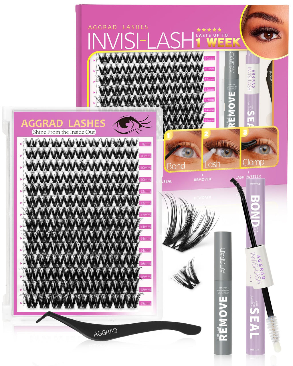 AGGRAD Flora Lash Clusters Kit Wispy Hybrid 8-18mm DIY Lashes with Bond & Seal