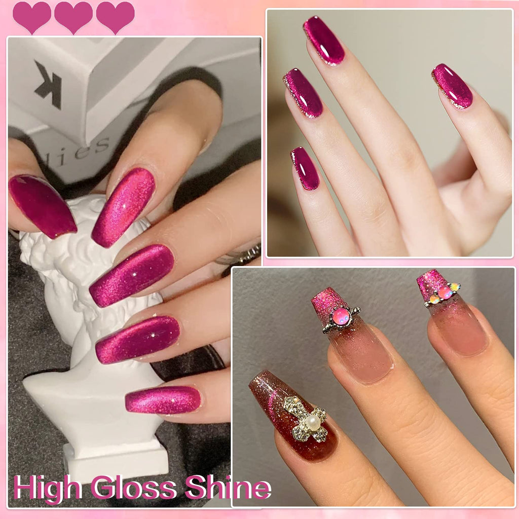 AHAMIOU Crystal Cat Eye Gel Polish Kit – Magnetic Nail Set in Dark Pink
