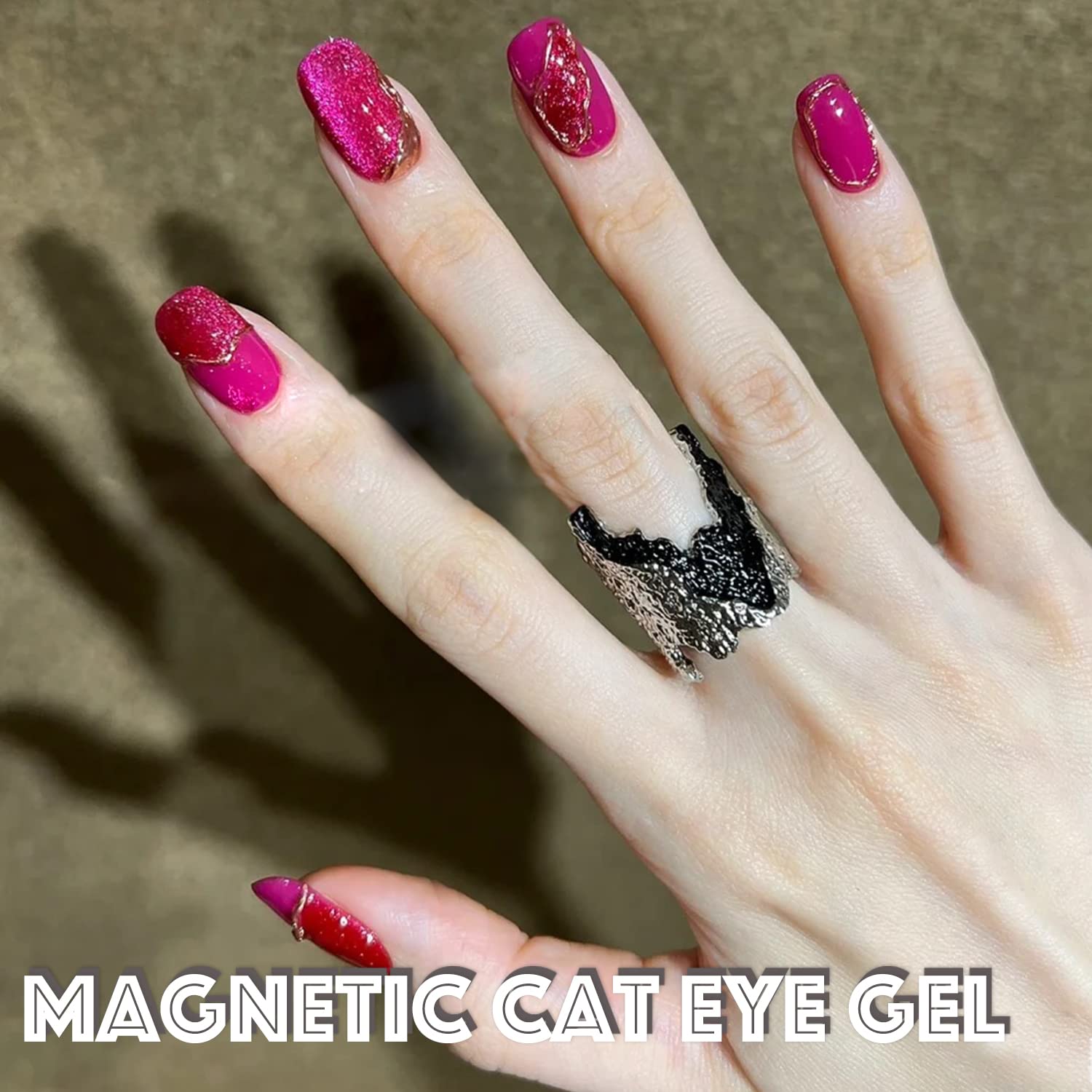 AHAMIOU Crystal Cat Eye Gel Polish Kit – Magnetic Nail Set in Dark Pink