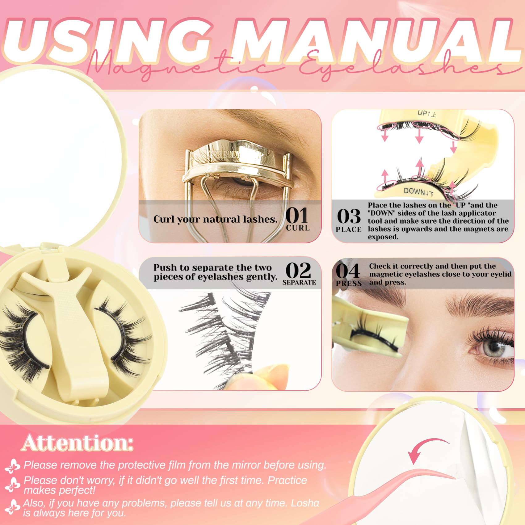 Ahrikiss Magnetic Eyelashes 1 Pair | Reusable Lash Kit with Applicator – No Glue Needed, Natural Manga Look (M01)