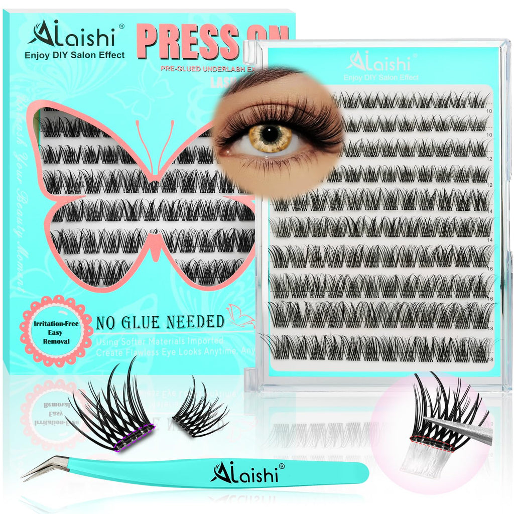 AILAISHI No Glue Needed Lashes – Self-Adhesive Lash Clusters Kit (10–18mm) with 120 Clusters & Pro Tweezers