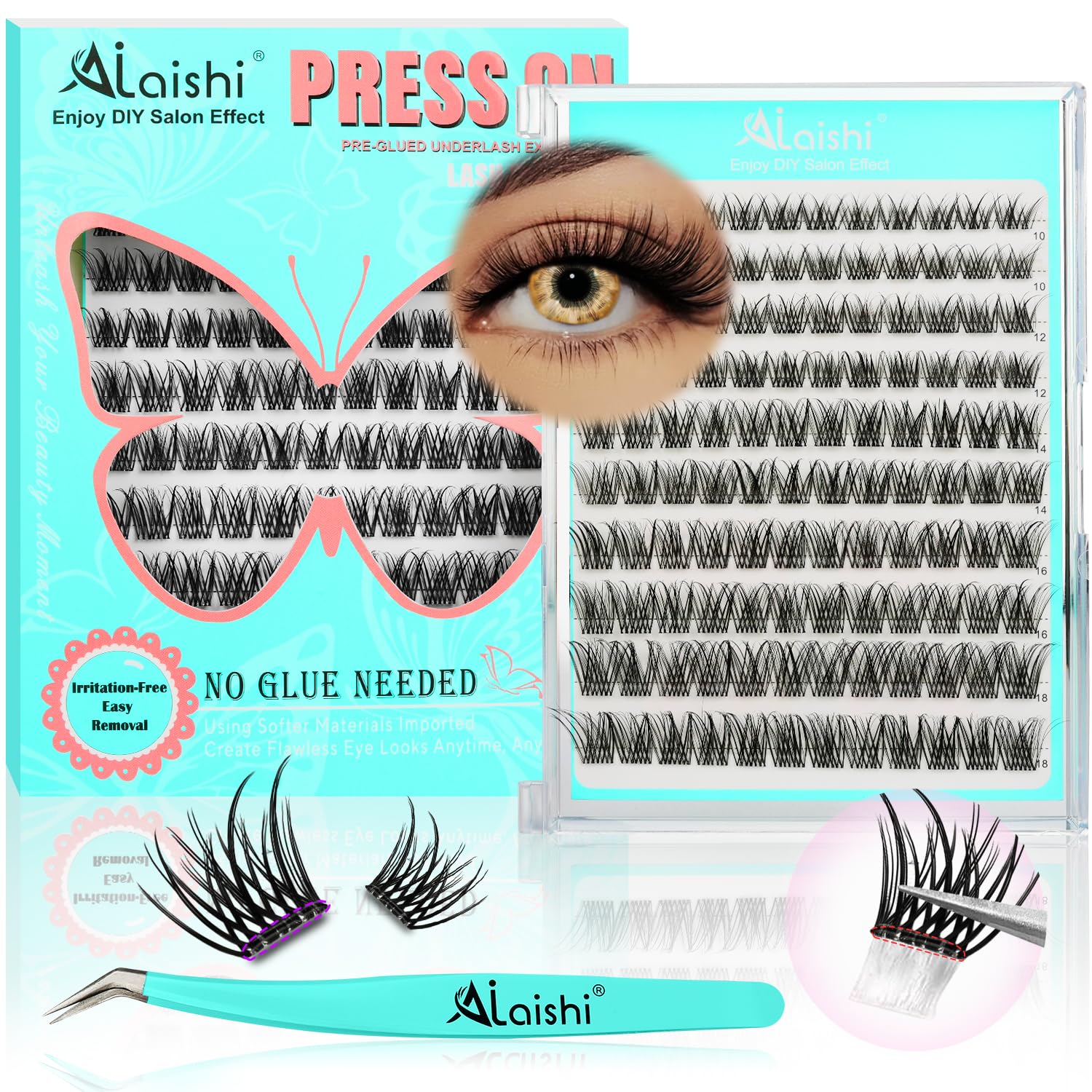 AILAISHI No Glue Needed Lashes – Self-Adhesive Lash Clusters Kit (10–18mm) with 120 Clusters & Pro Tweezers