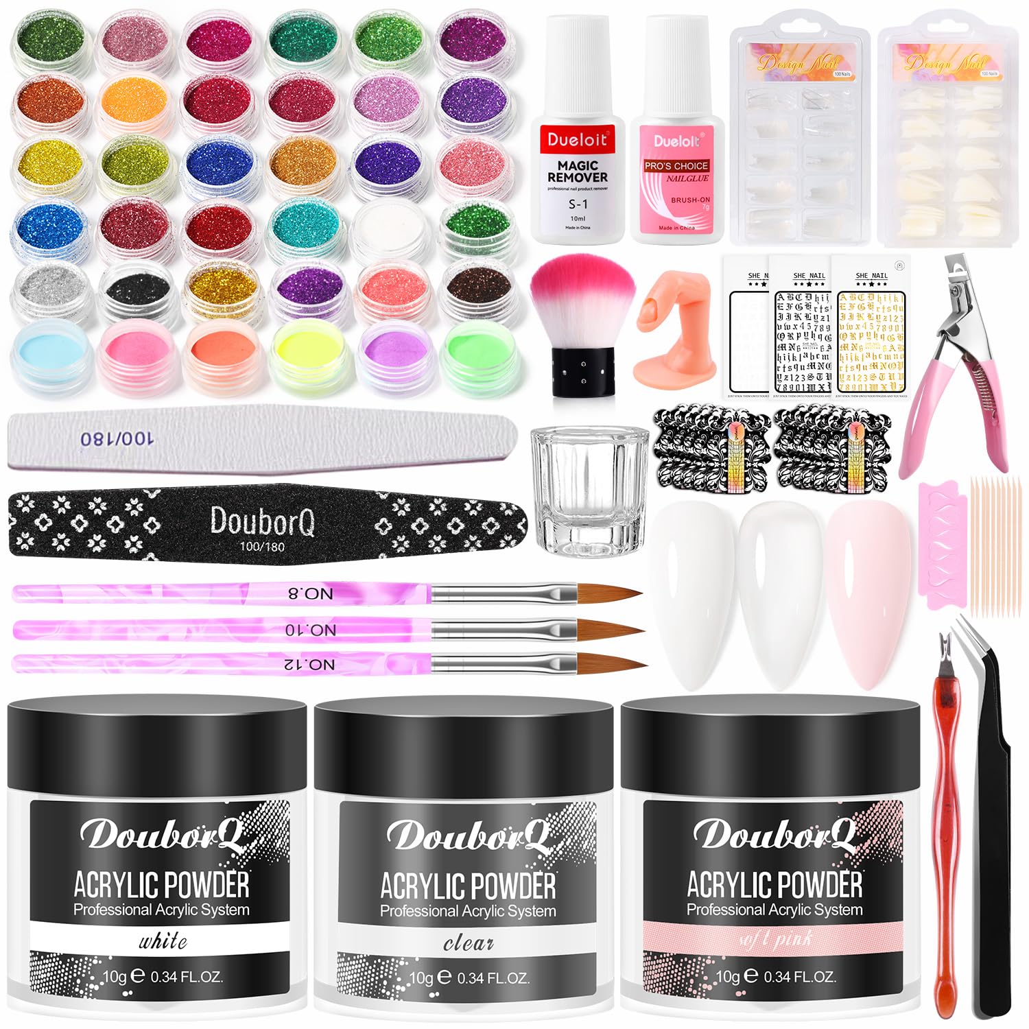 AILALUO Acrylic Nail Kit - Clear, White & Pink Powders with Tools for Home & Salon