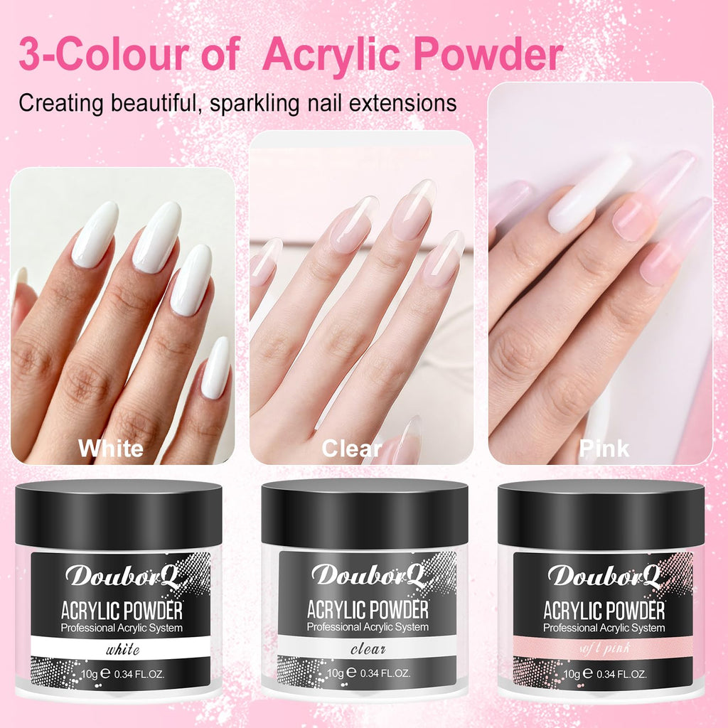 AILALUO Acrylic Nail Kit - Clear, White & Pink Powders with Tools for Home & Salon