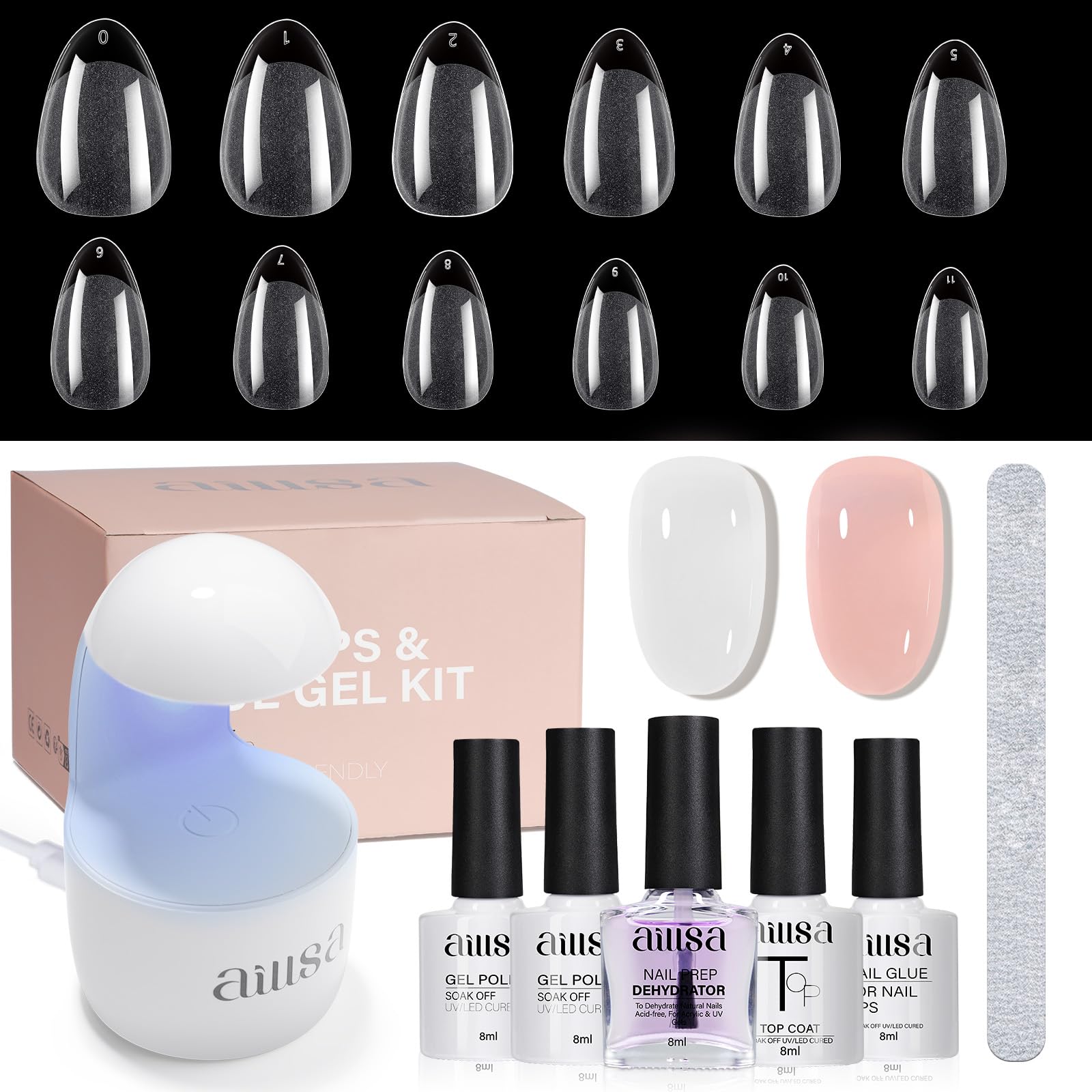 AILLSA Nail Extension Kit Short Almond Tips 240pcs – 2-in-1 Glue & Dehydrator, UV Lamp & Top Coat for Beginners