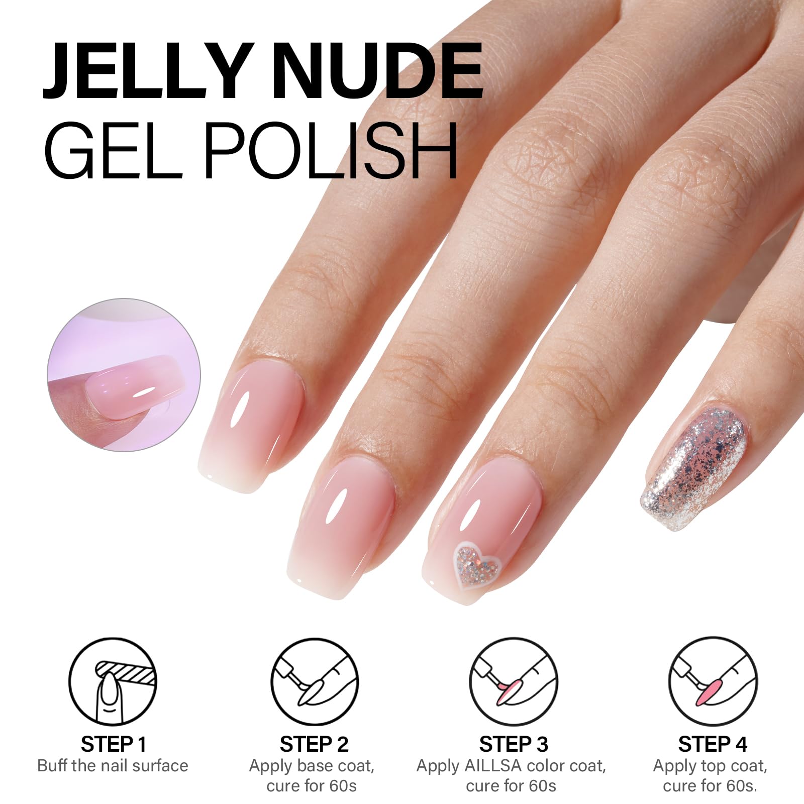 AILLSA Nude Pink Gel Nail Polish Set – 5+2 Kit with Base & Top Coat | Jelly UV Gel for DIY Manicures at Home