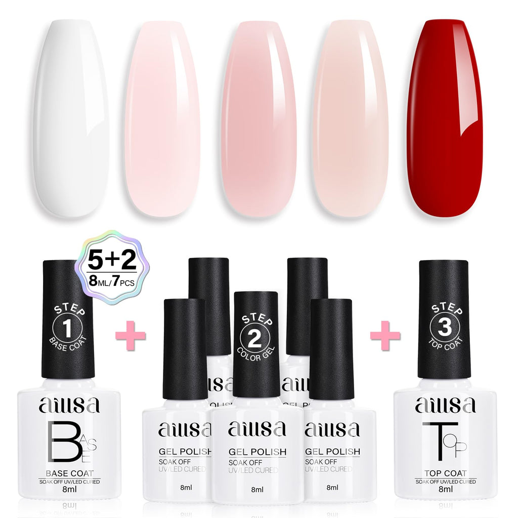 AILLSA Nude Pink Gel Nail Polish Set – 5+2 Kit with Base & Top Coat | Jelly UV Gel for DIY Manicures at Home
