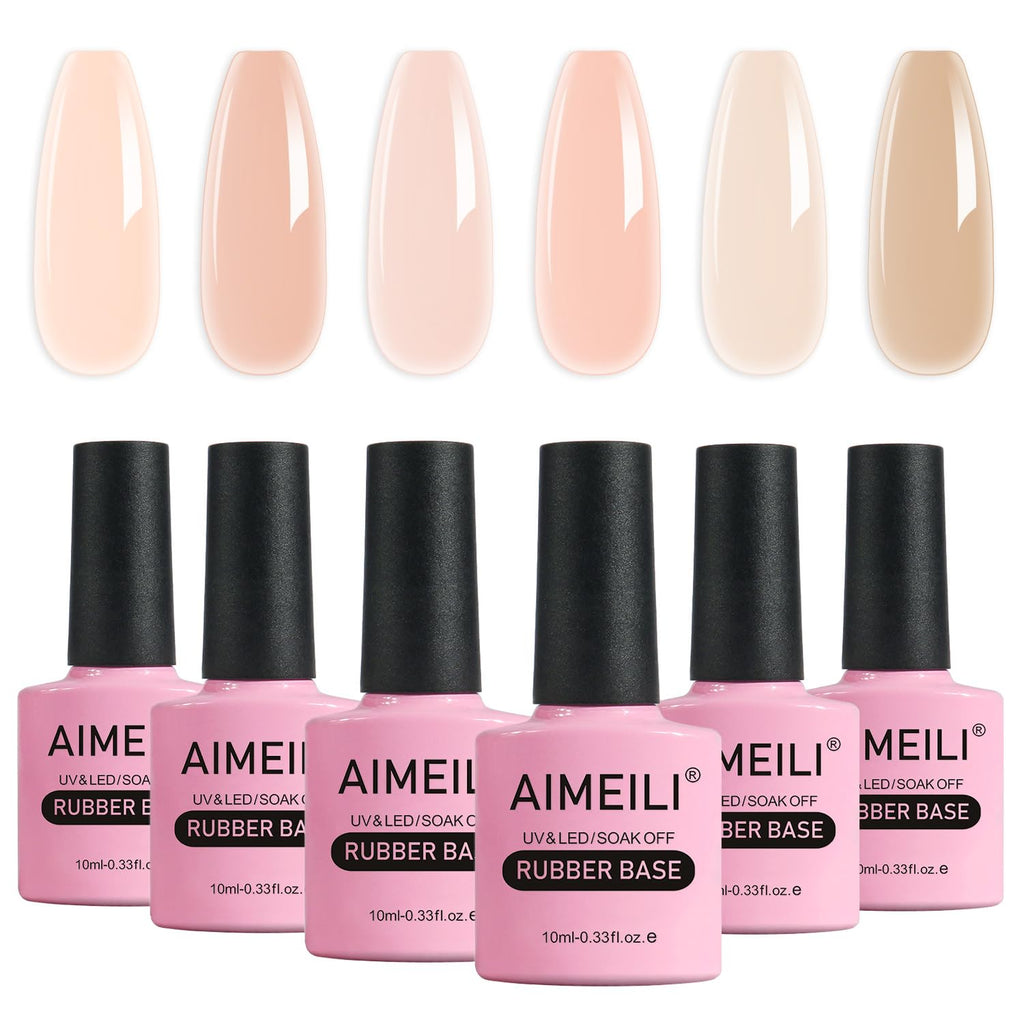 AIMEILI HEMA-FREE Rubber Base Gel Kit – 6x10ml, 4-in-1 Nail Gel for UV/LED Cures