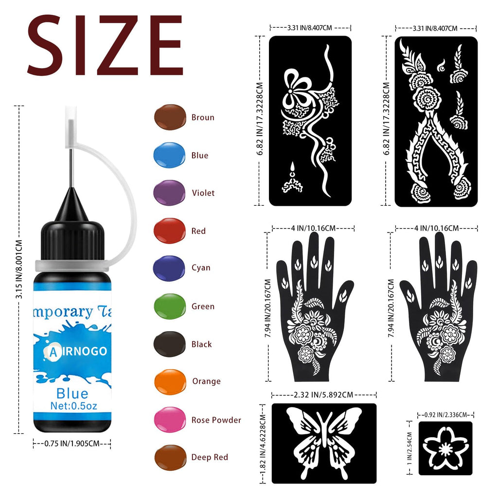 AIRNOGO Temporary Tattoo Kit – 10 Ink Colors, 86 Stencils, 8 Pairs Gloves for Kids & Adults