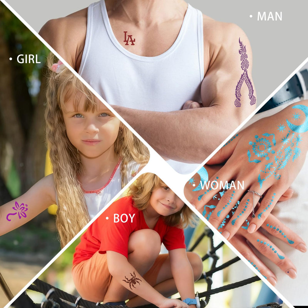 AIRNOGO Temporary Tattoo Kit – 10 Ink Colors, 86 Stencils, 8 Pairs Gloves for Kids & Adults