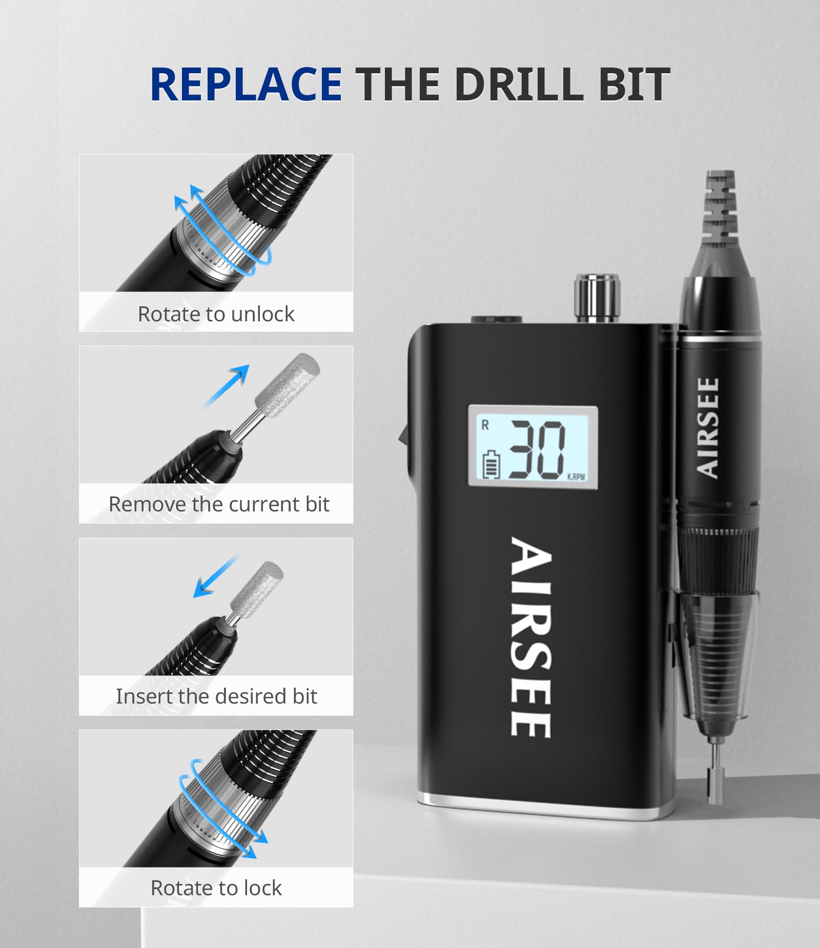 AirSee E8 Rechargeable Nail Drill — 30000 RPM Cordless High-Speed Electric File
