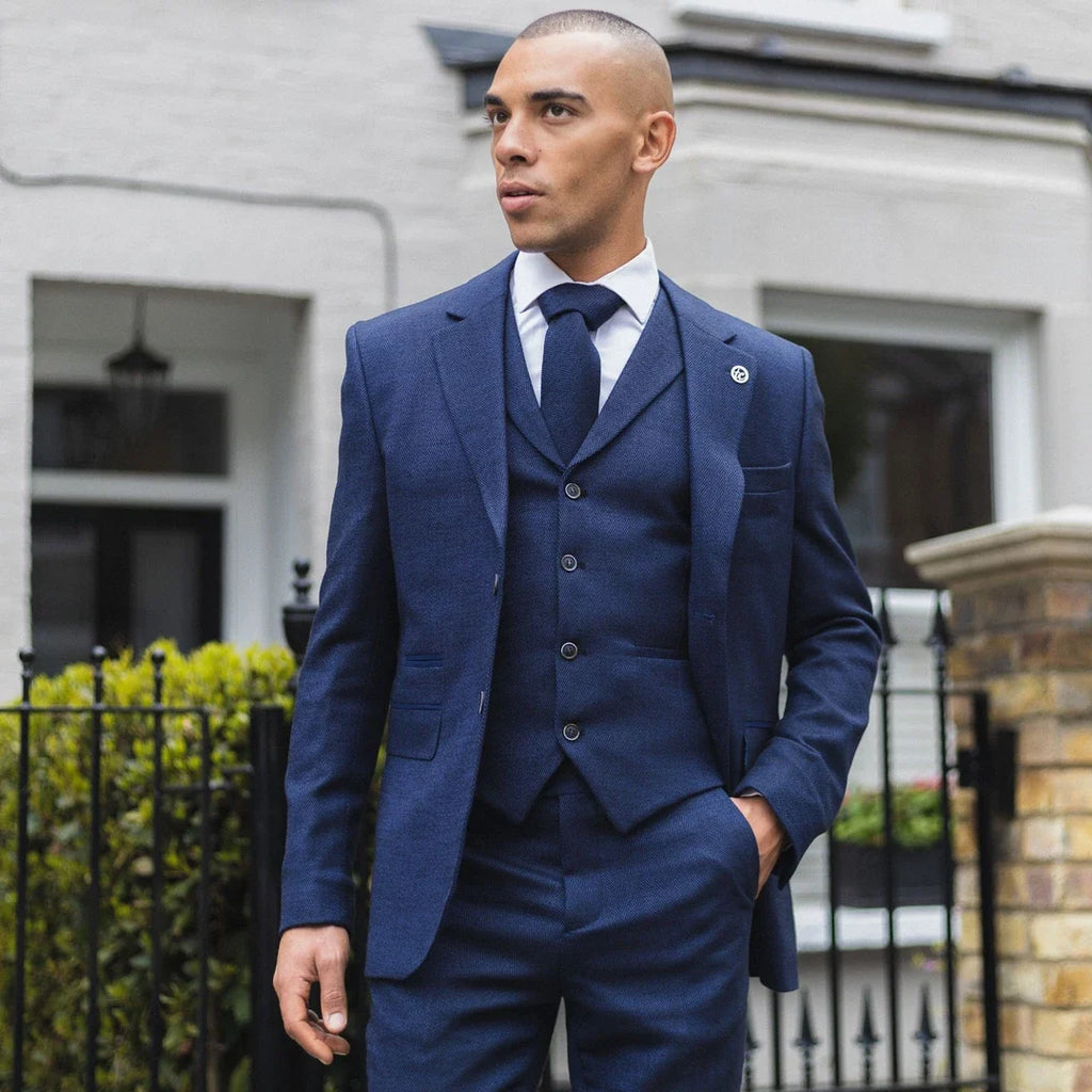 AK-04 - Men's Herringbone Tweed 3 Piece Blue Suit Wedding Blinders