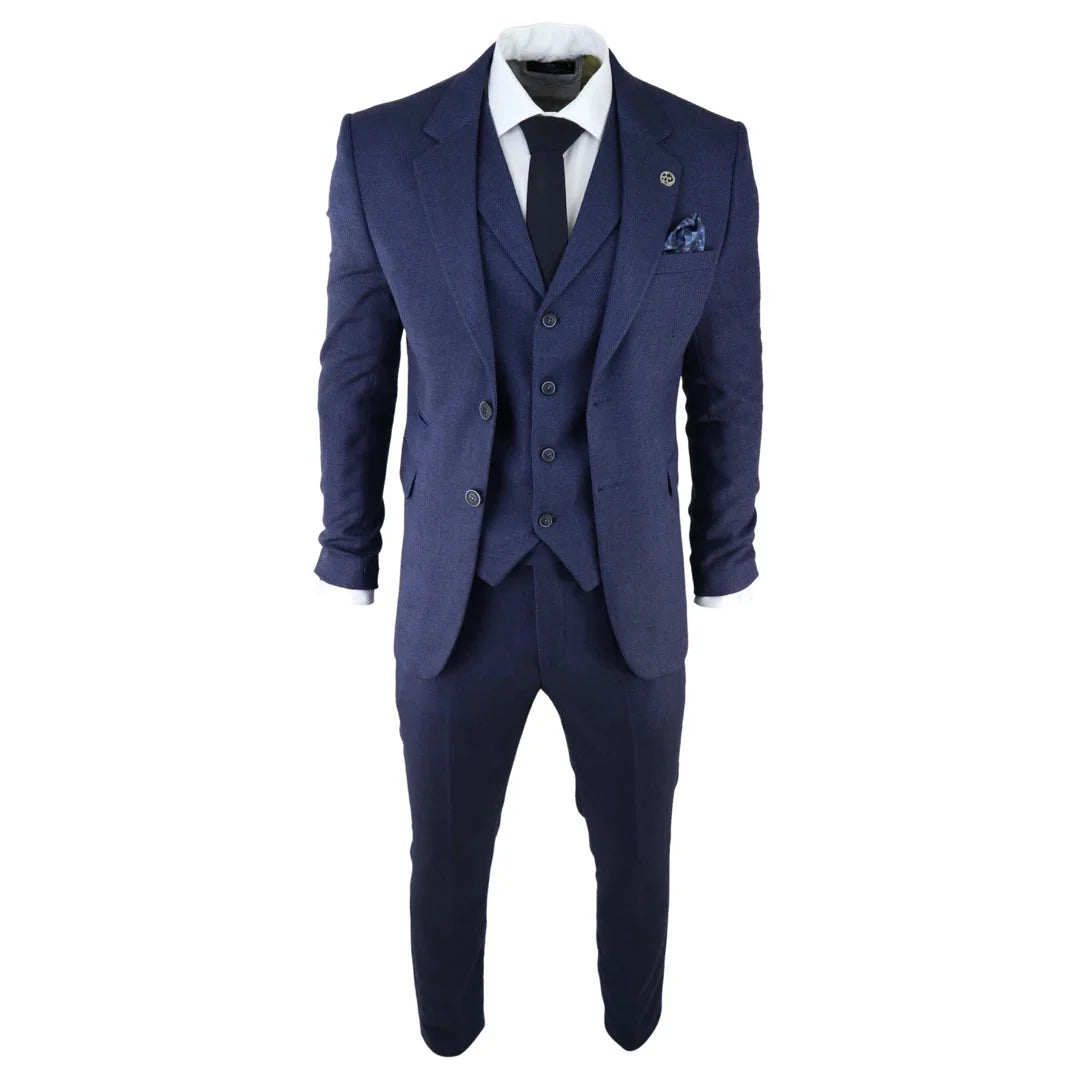 AK-04 - Men's Herringbone Tweed 3 Piece Blue Suit Wedding Blinders