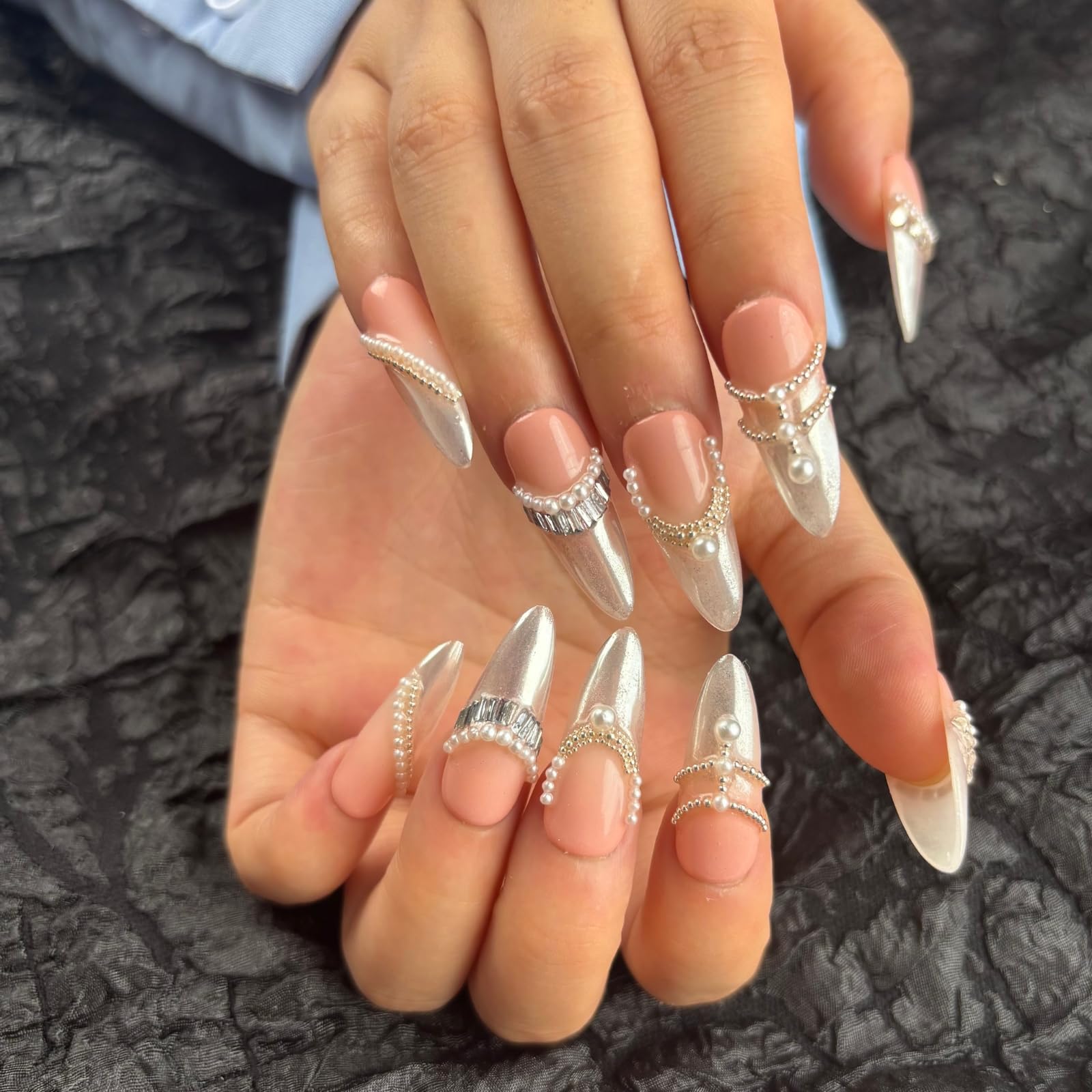 AKA Unicorn Trendy Handmade Press On French Nails Medium Almond 10Pcs with 3D Pearl Design – Clip On Nails for Women Gift