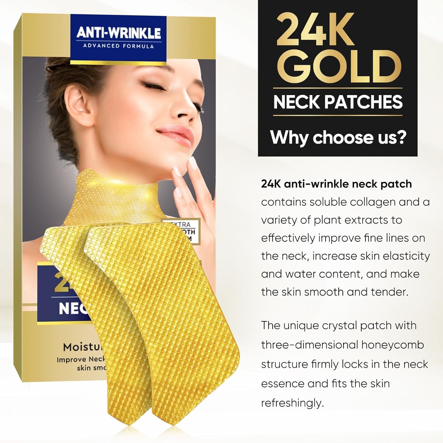 AKQBPN Neck Wrinkle Patches — 24K Gold Collagen Neck Pads for Firming & Hydration